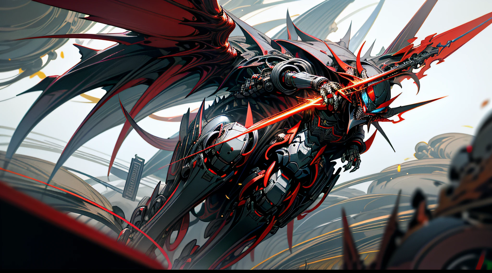 Dark_Fantasy, cyberpunk, 8K clear details (holding a Fang Tian Halberd, riding the Eastern Hell Demon Dragon Mecha, Red: 1.1), 1 person, mechanical miracle, robot existence, cybernetics guardian, beauty High contrast metallic texture Light and shadow