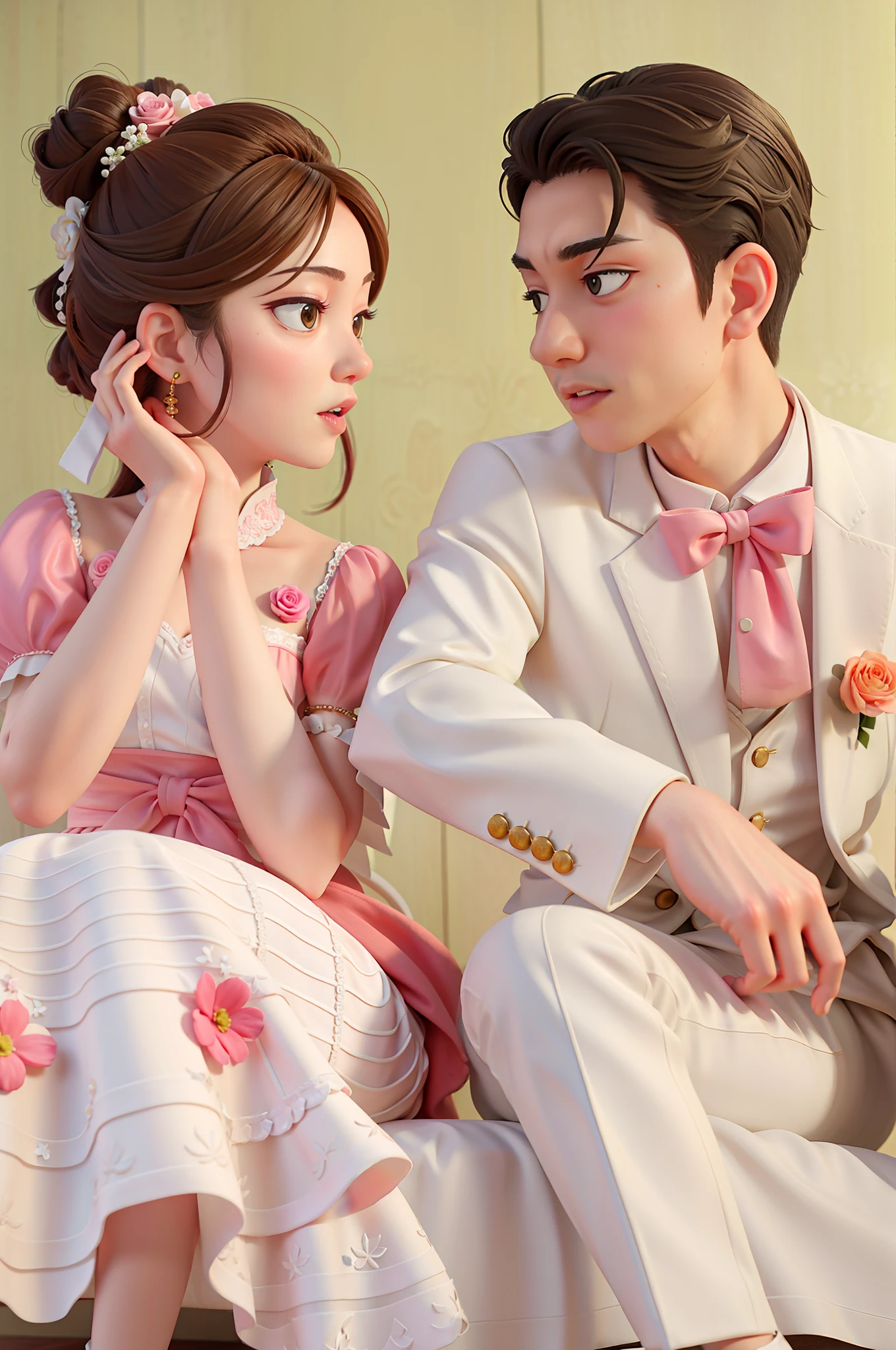 The bride and groom are sitting on the sofa, looking at each other, holding flowers in their hands, Ruan Jia and Fenghua Bell, lovely couple, Cheng Yanjun, Dai Ao, wedding photos, Ruan Jia and Brom, photo shooting, happy couple, Sha Xi, fanart, pastels, Cai Xukun, 🤬 🤮 💕 🎀 photos taken with Nikon D 7 5 0