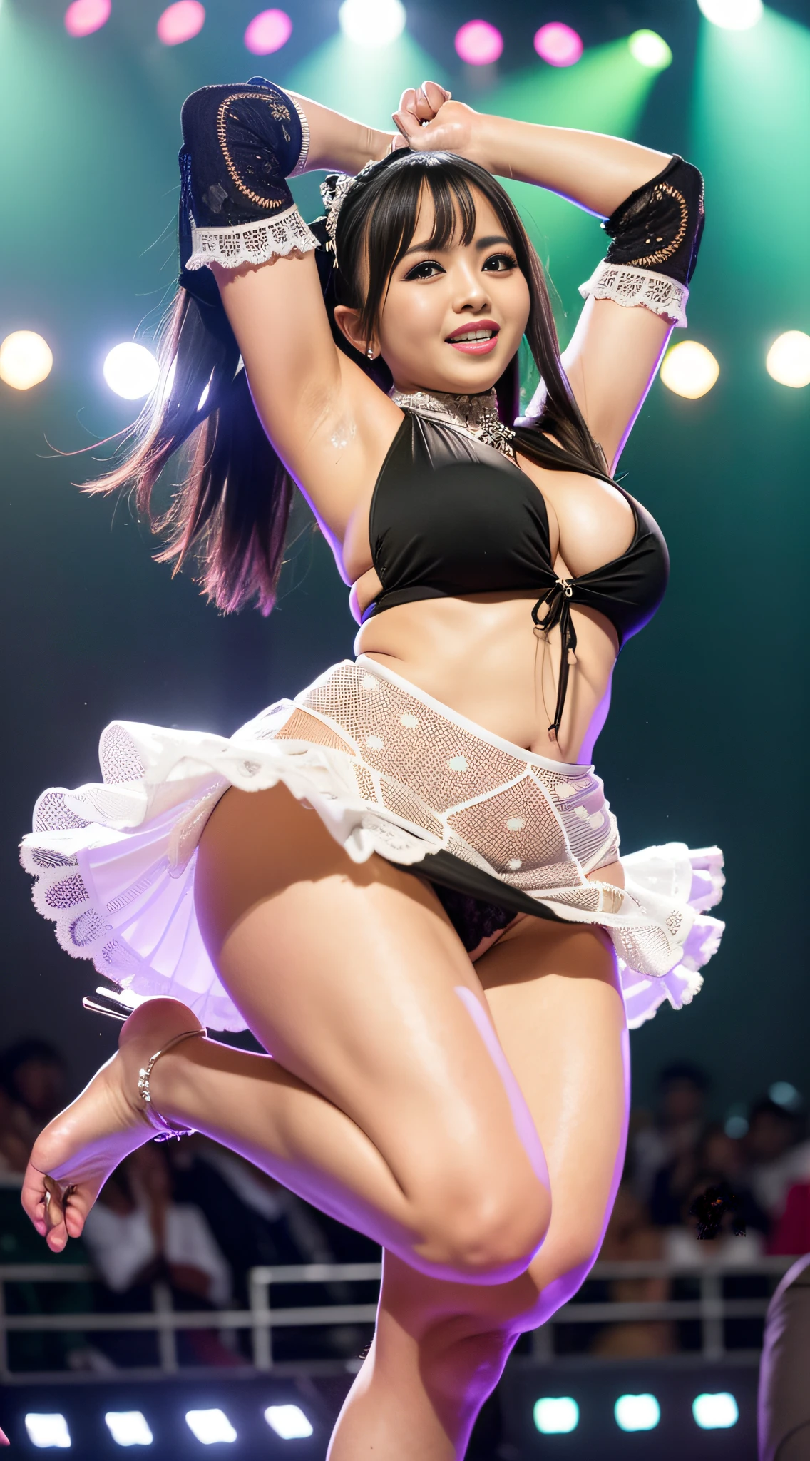 hot upskirt photo of ((Novi Ananda)) jumping on stage, dangdut koplo, fancam shot, big breasts, no bra, sweat, black shinny dress, white lace panties, 85mm lens, eos, 4k