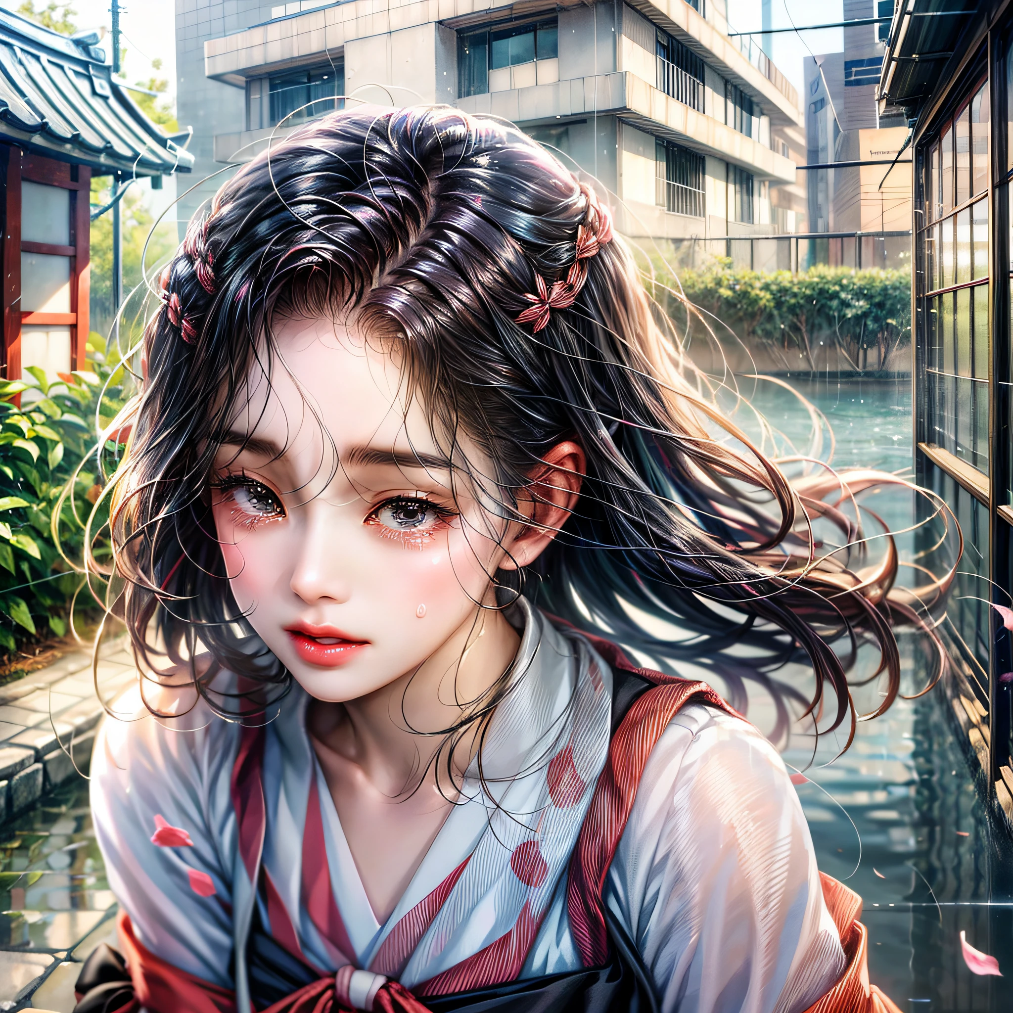 Japanese manga, girl running out of her home, with tears, black hair and black eyes, wearing a Japanese high school uniform, back --auto --s2