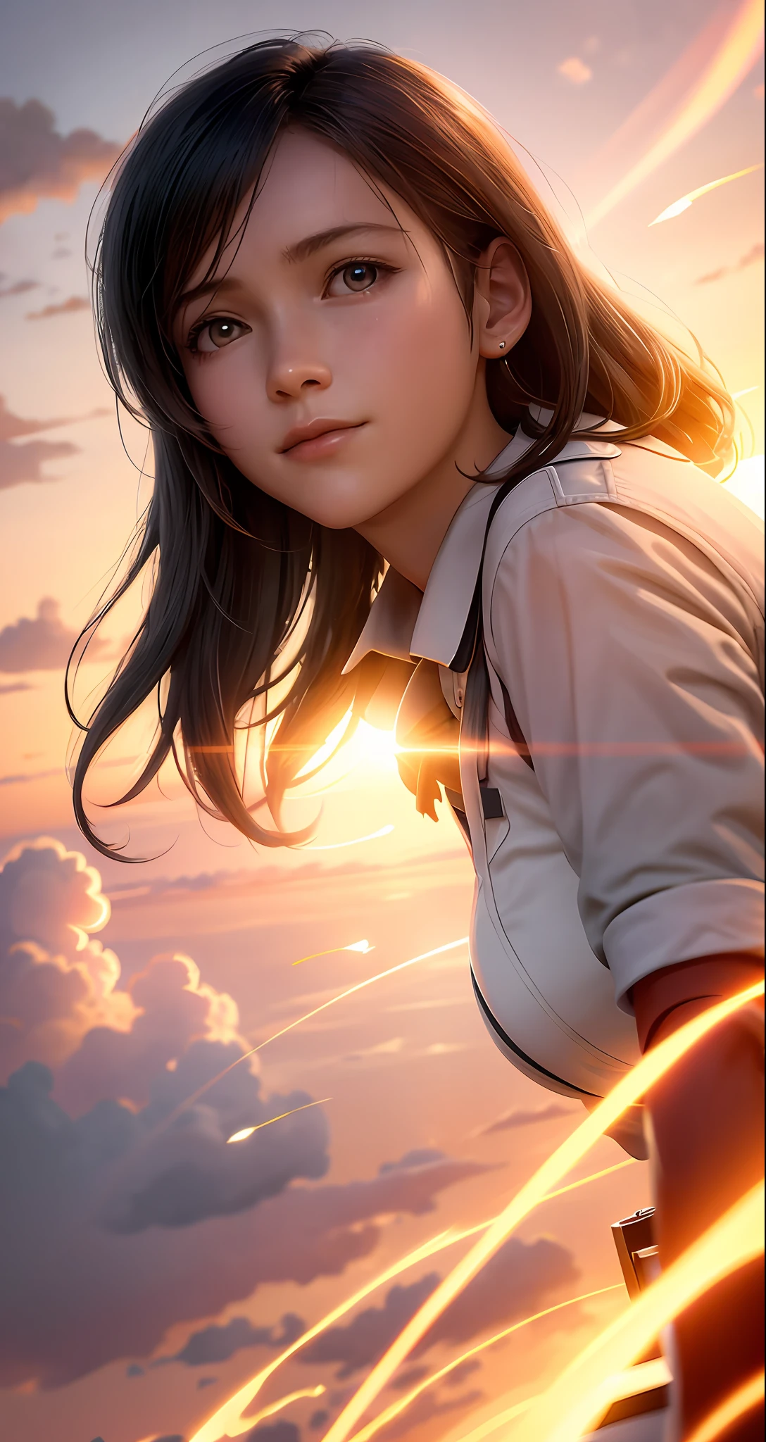 masterpiece, best quality, movie still, 1girl, cloud girl, floating in the sky, close-up, bright, happy, warm soft lighting, sunset, (sparks:0.7)