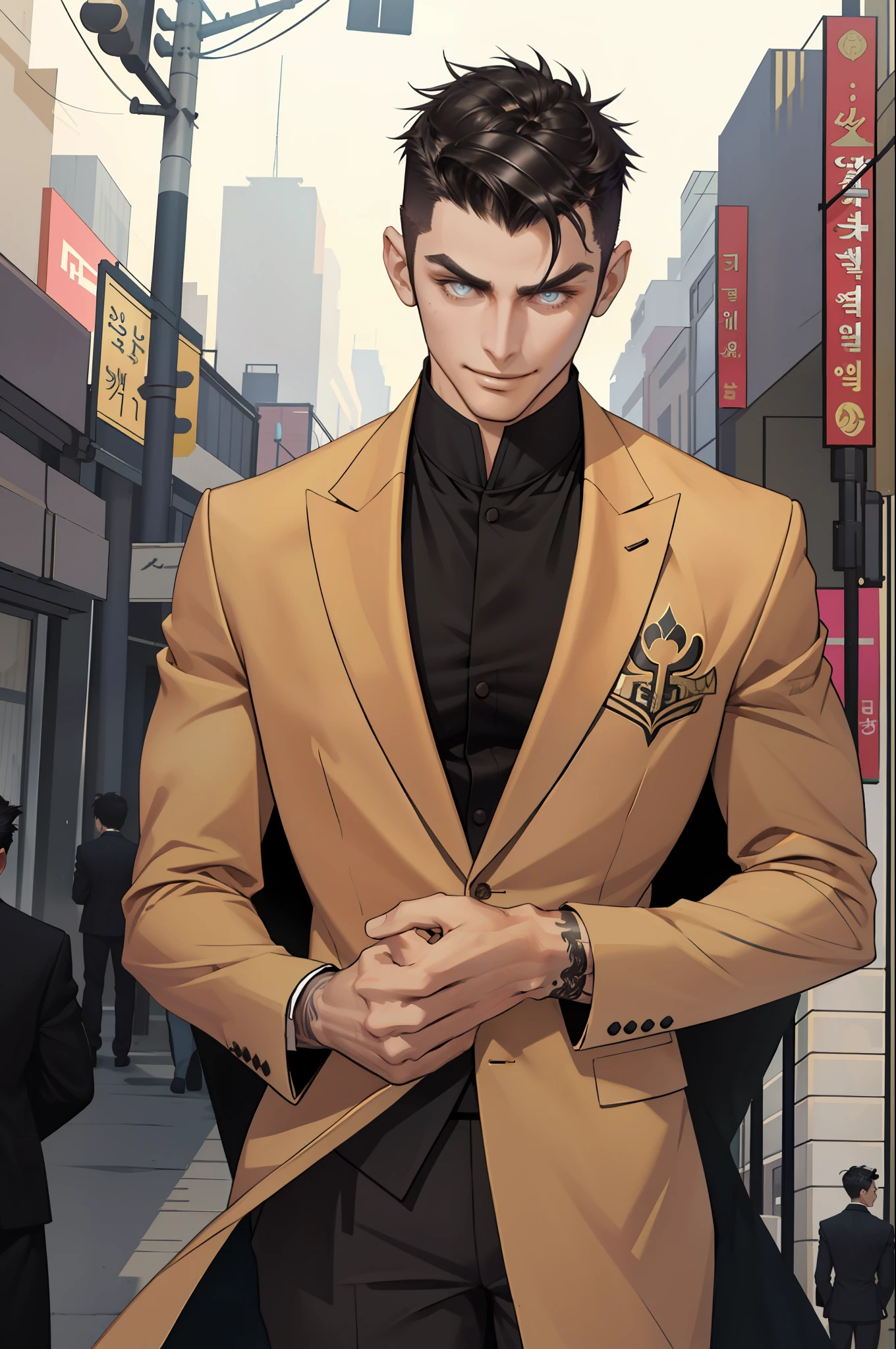 (Masterpiece, Best Quality), 1 male, mature, age: 1.4, tall muscular man, semi-nail tattoo, broad shoulders, fine and meticulous eyes and delicate face, a wicked smile on the face, the best proportions, the best light and shadow, extremely short hair, undercut, mercenary, slim blazer, modern city Korean street view