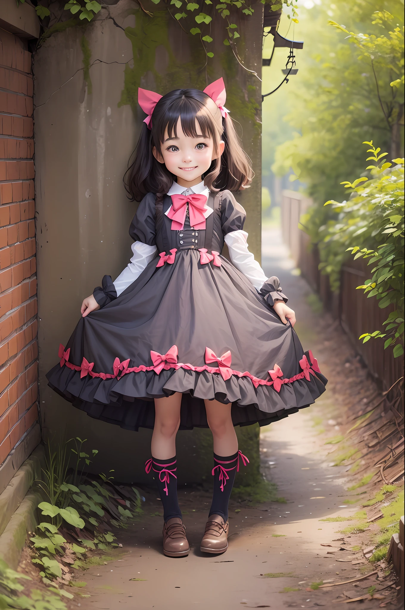 cute girl, petite girl, female, smile, smiling, has a big cute bow in her hair, 1girl, best quality, outdoor, high definition, cute,, deep throat, stuck in the wall, no extra limbs, no extra legs, no extra arms and hands