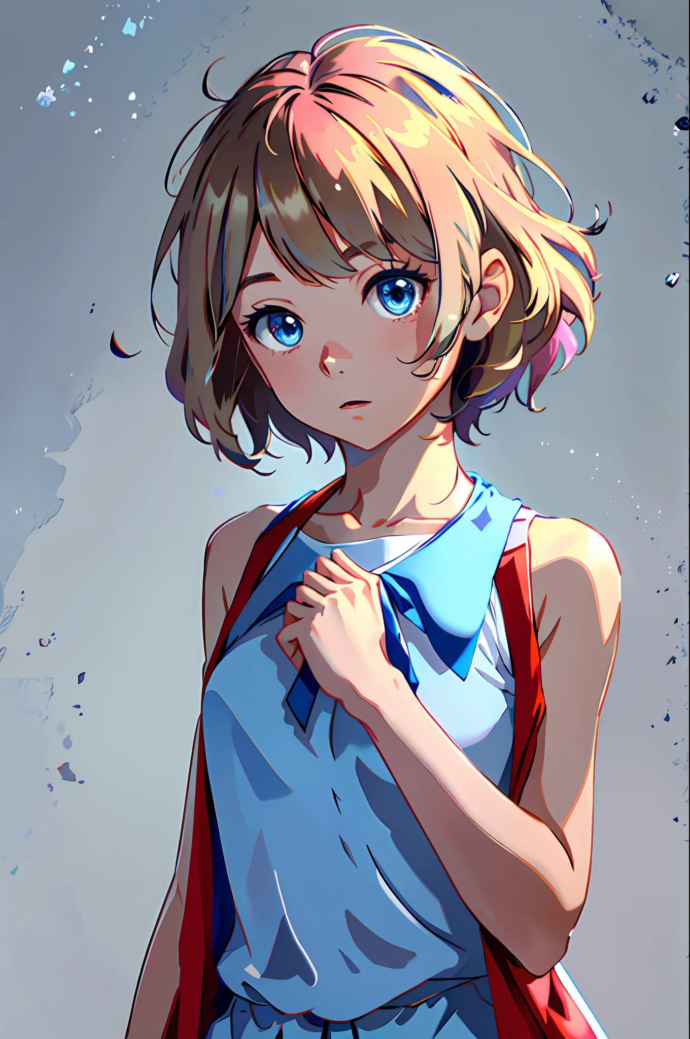 masterpiece, best quality, highres, serena \(pokemon\), short hair, blue eyes, 1girl, solo, blue ribbon, eyelashes, neck ribbon, sleeveless, bangs, collarbone, bare arms, pink dress , red coat, white background, front, no scenery, looking at the viewer,upper body, facing viewer, solid color background, clean background, facing the camera, high resolution, expressionless calm face, white back ground, looking away, simple_background