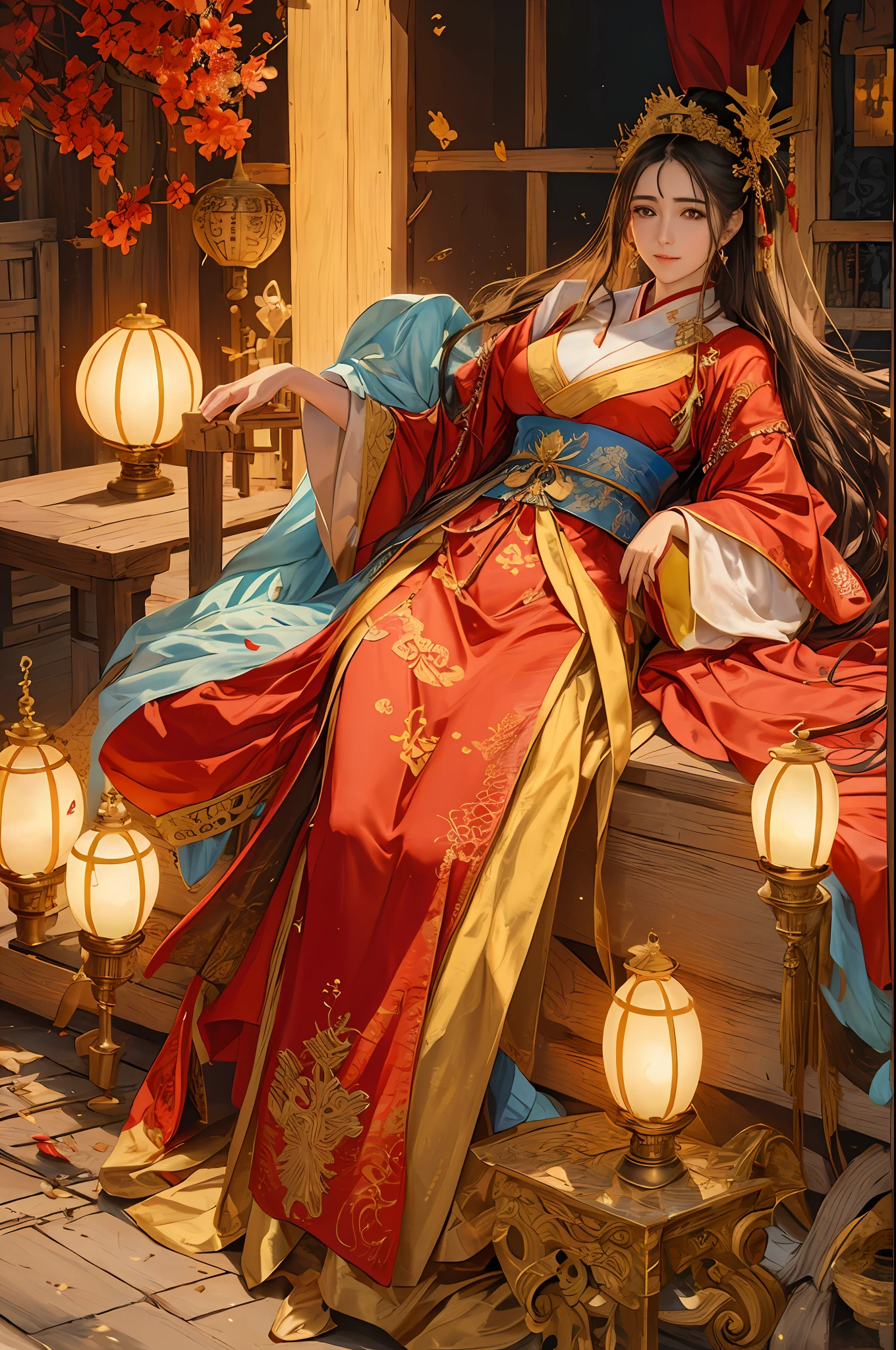 ((Marian Rivera)), oriental woman in dress in an old chinese style, ((ultra long hanfu, multi-layer hanfu, colorful handfu, lots of fabric)), ((red and golden)), in the style of fujifilm eterna 400t, decadent graphic designer, victorian-era clothing, gutai group, fairycore, luxurious fabrics, gold leaf ,best quality, masterpiece, photo realistic, intricate details, raw photo, photon rendering, octane render, absurdres, ultra detailed, detailed face, detailed skin, trending on artstation, 8k masterpiece, cinematic lighting, ( (1girl)),((solo)),((looking_at_viewer)),trending on cg society,plasticien,((black long hair)),((beautiful woman)),(Smile),((sexy)),wind blowing hair, ((flowing hair)),happy,fashion magazine, ((full shot)), (((enormous amount of decoration ))) , nice breasts , ancient kettle, cups, books, a cottage, fire cracker, red lanterns, porcelain vases, flower pattern fabric