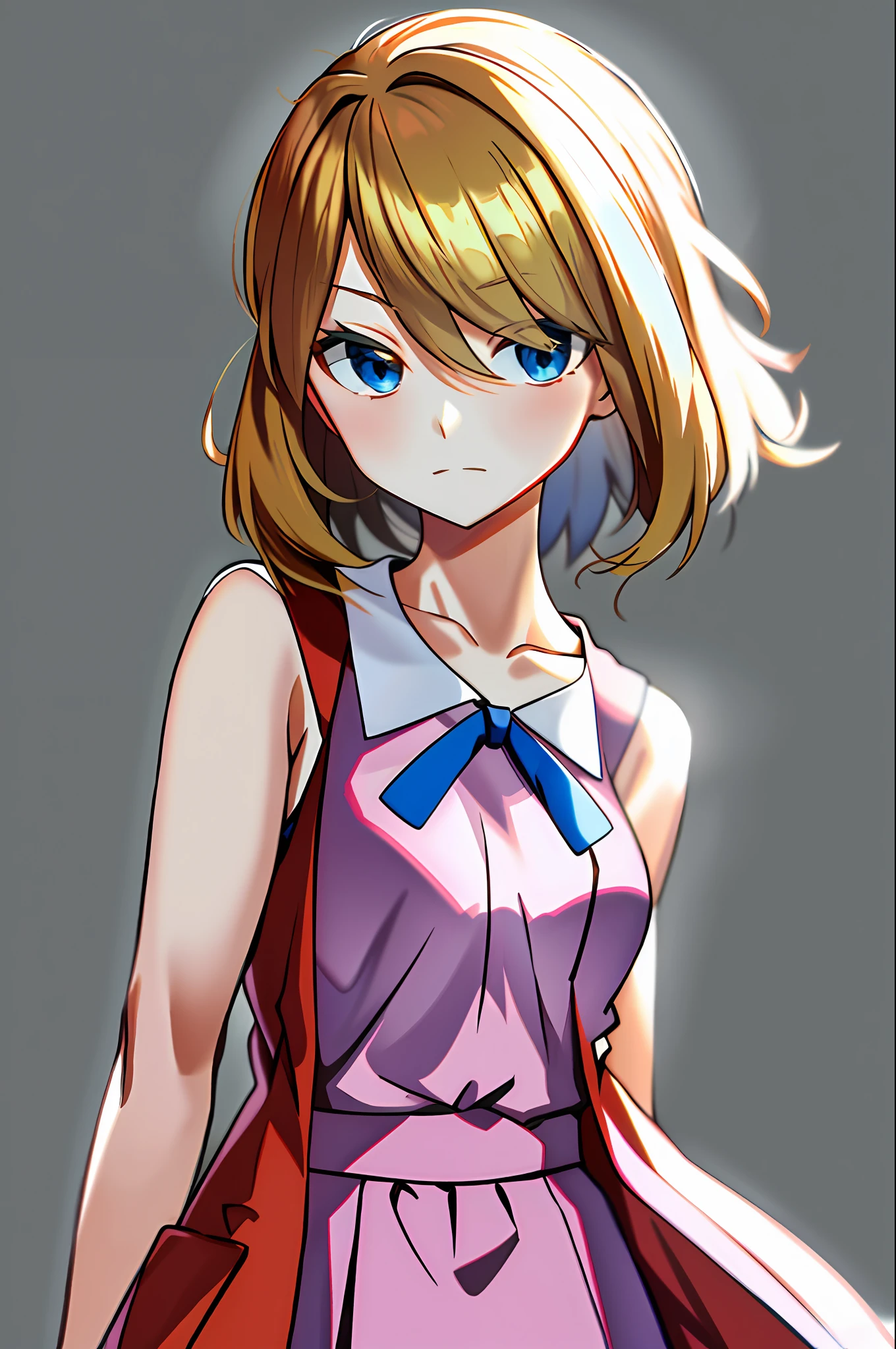 masterpiece, best quality, highres, serena \(pokemon\), short hair, blue eyes, 1girl, solo, blue ribbon, eyelashes, neck ribbon, sleeveless, bangs, collarbone, bare arms, pink dress , red coat, white background, front, no scenery, looking at the viewer,upper body, facing viewer, solid color background, clean background, facing the camera, high resolution, expressionless calm face, white back ground, looking away, simple_background