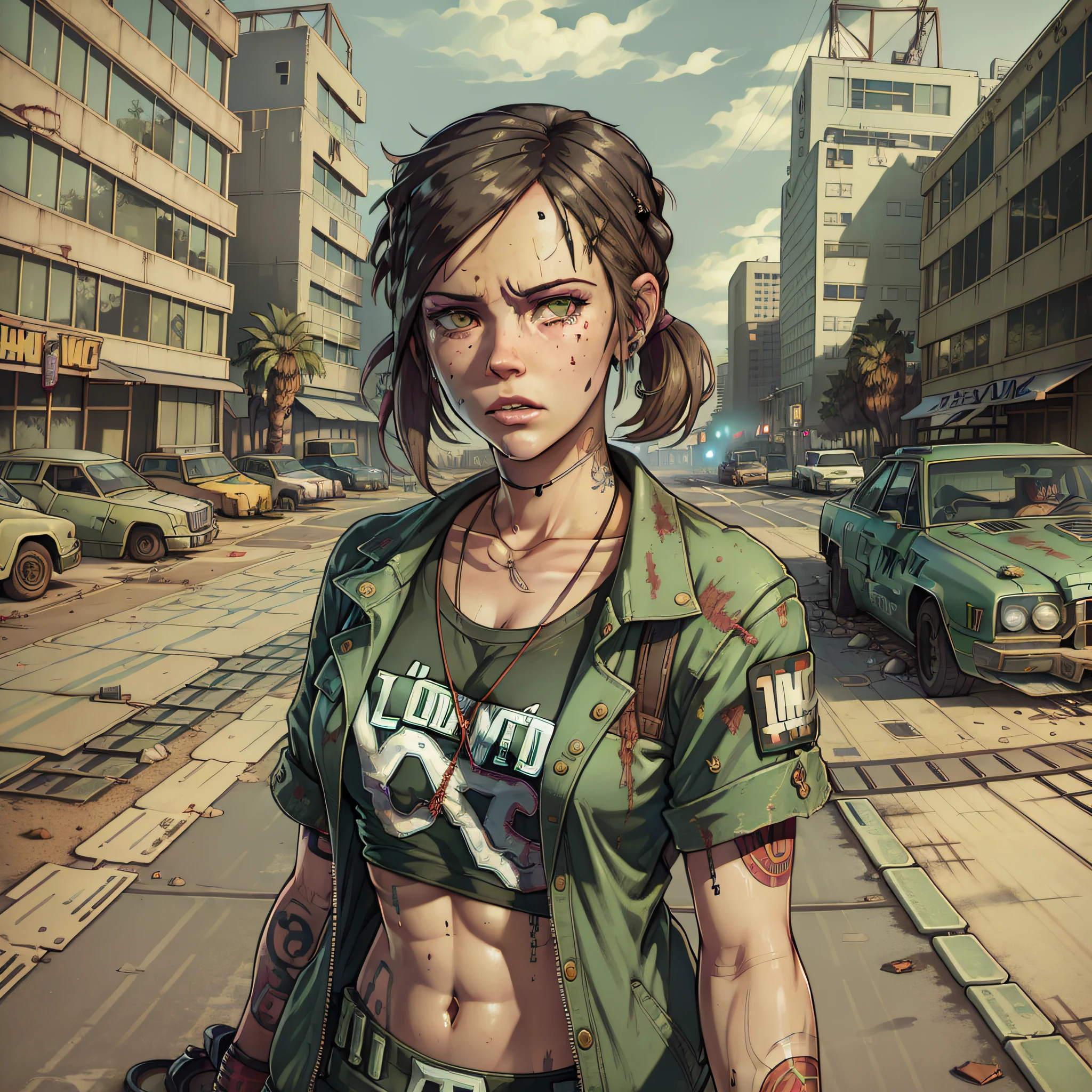 Ellie from the last of us, beautiful eyes, apocalyptic clothes in the city of ((((los angeles))) apocalyptic post, style (((gta san andreas)))), gta v, high quality,