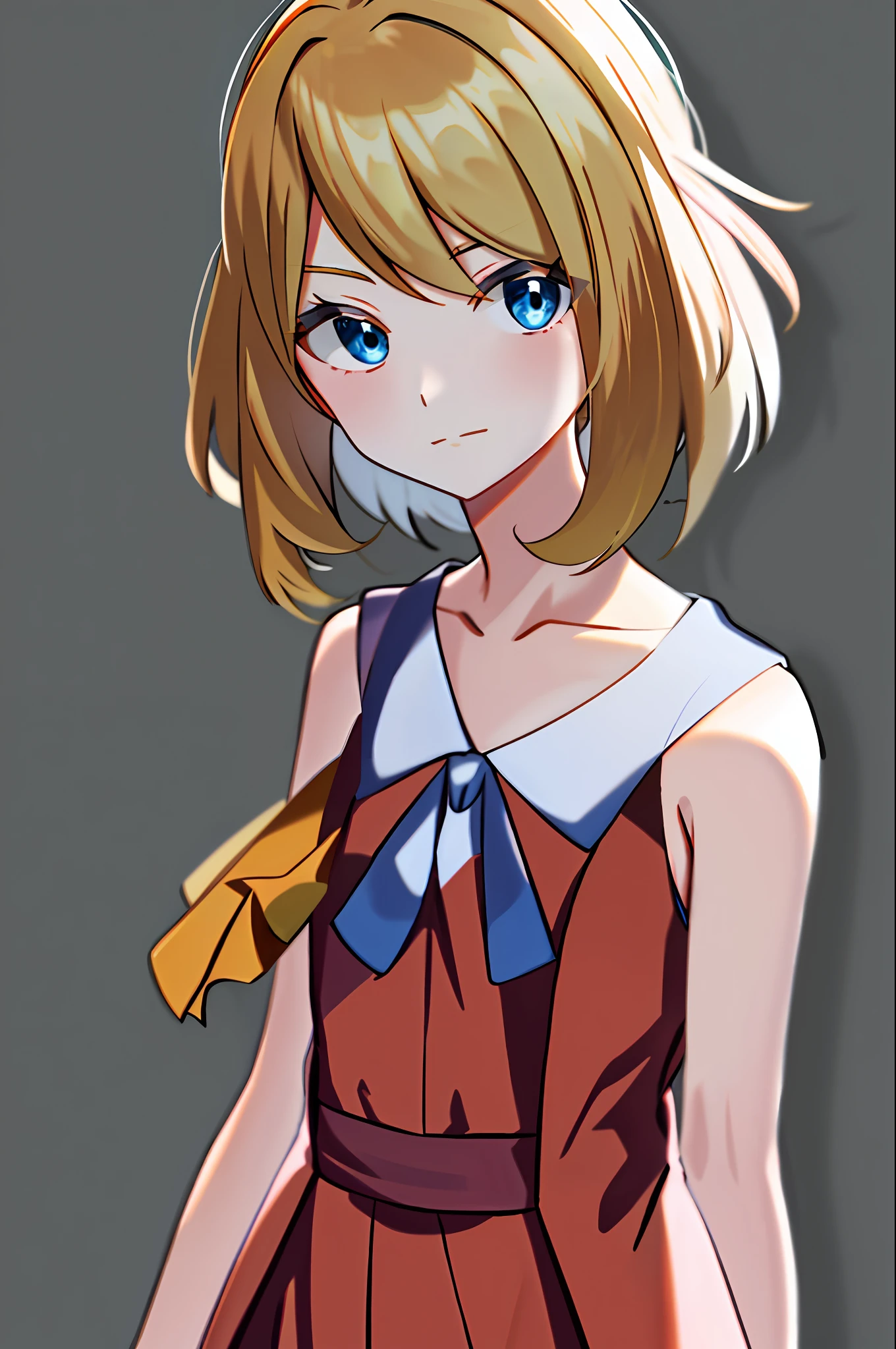 masterpiece, best quality, highres, serena \(pokemon\), short hair, blue eyes, 1girl, solo, blue ribbon, eyelashes, neck ribbon, sleeveless, bangs, collarbone, bare arms, pink dress , red coat, white background, front, no scenery, looking at the viewer,upper body, facing viewer, solid color background, clean background, facing the camera, high resolution, expressionless calm face, white back ground, looking away, simple_background