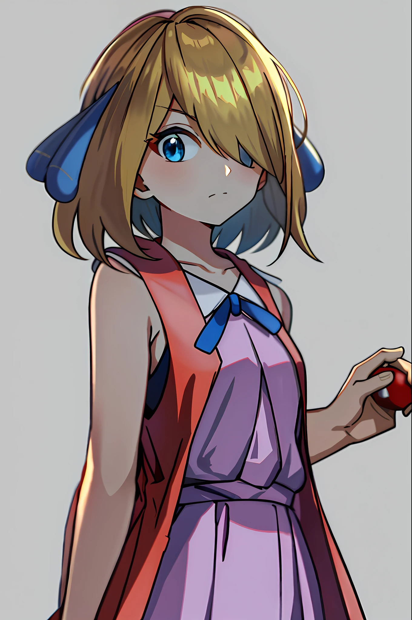 masterpiece, best quality, highres, serena \(pokemon\), short hair, blue eyes, 1girl, solo, blue ribbon, eyelashes, neck ribbon, sleeveless, bangs, collarbone, bare arms, pink dress , red coat, white background, front, no scenery, looking at the viewer,upper body, facing viewer, solid color background, clean background, facing the camera, high resolution, expressionless calm face, white back ground, looking away, simple_background