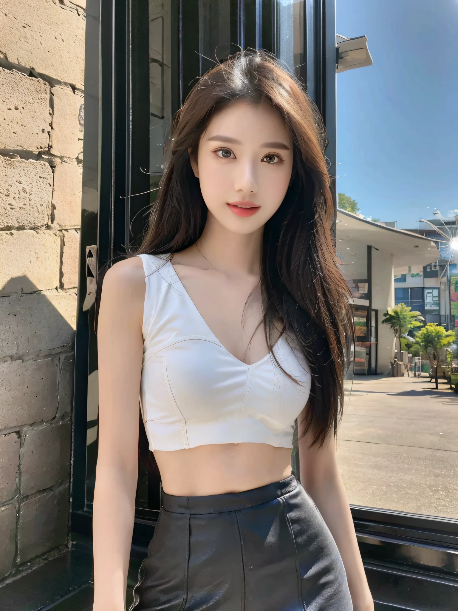 1girl,((best quality )), (masterpiece) , (realistic shadow) , ( depth of field),(sunny city background ),(highlight face detail), unparalleled masterpiece, ultra realistic 8k , perfect artwork,((perfect female figure)),mature female, milf, narrow waist, small breasts, black hair,hair pulled back, detailed skin, looking at viewer, perfect face,perfect body,photorealistic , masterpiece, 8k, high res,lens flare, soft lighting shoulder cutout,microskirt, full body,