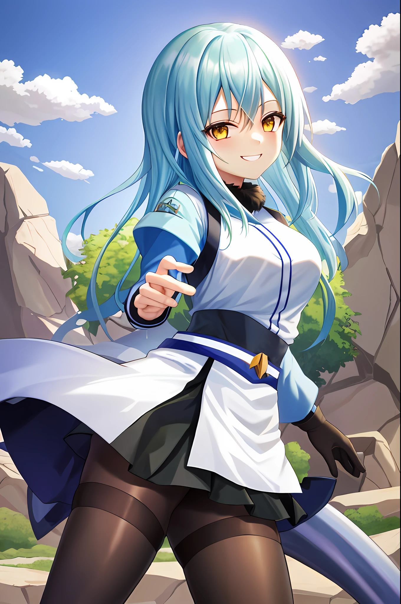 upper body, smile, simple background, outdoors, sky, day,
rimuru tempest, 1 girl, rimuru girl, a girl, girl version, woman version, skirt, medium breast, smile face, hand on chest, stocking,