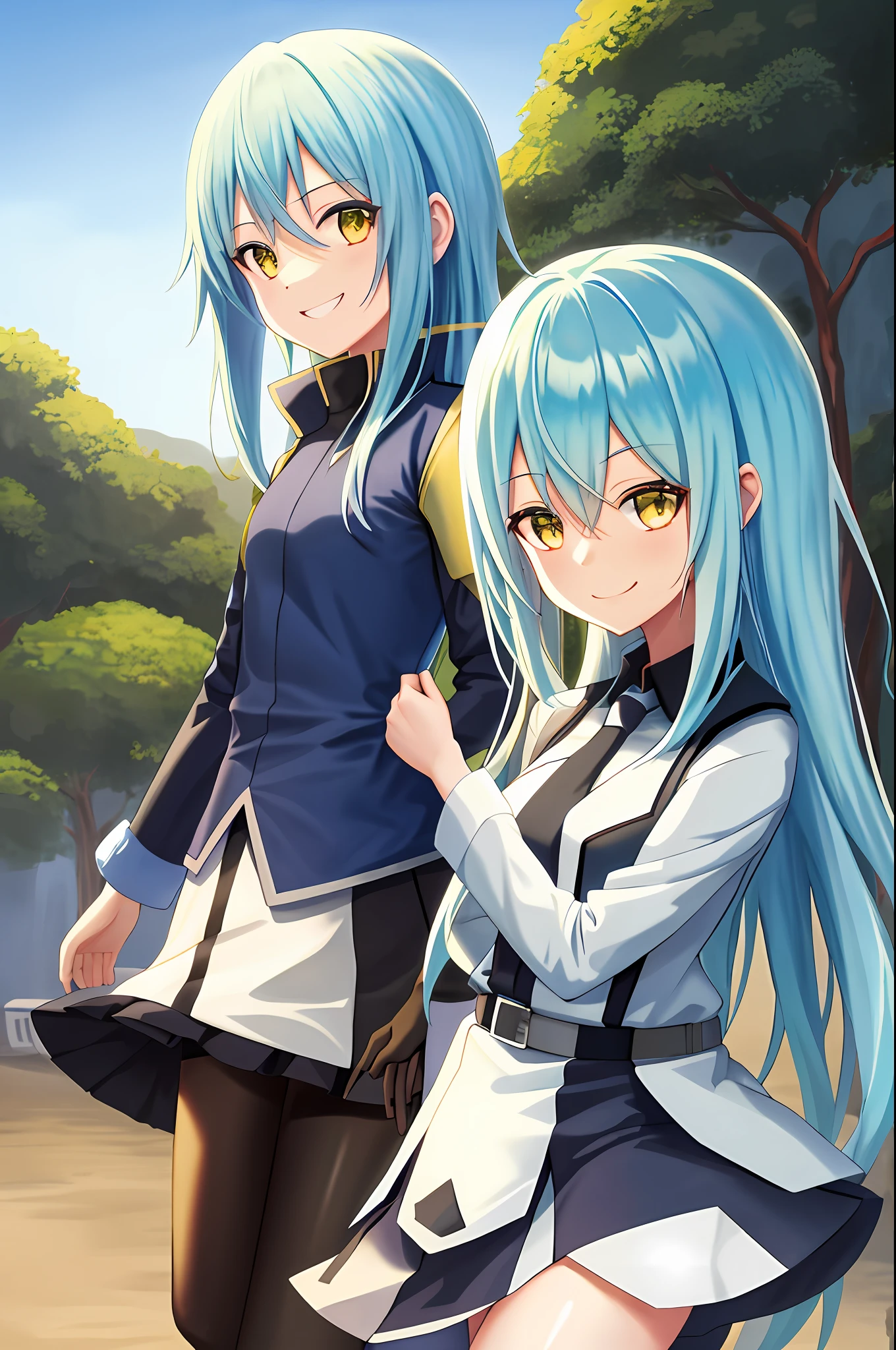 upper body, smile, simple background, outdoors, sky, day,
rimuru tempest, 1 girl, rimuru girl, a girl, girl version, woman version, skirt, medium breast, smile face, hand on chest, stocking,
