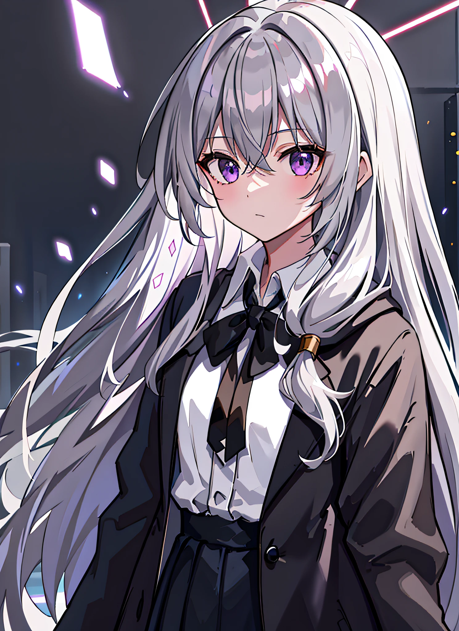 (Masterpiece, Best Quality: 1.3), (Ultra Fine: 1.3), 1girl, Solo, (Gray Hair, Messy Hair, Long Hair), Flat Chest, Purple Eyes, (White Shirt, Black Tie, Black Coat, Convertible Coat), Denim Lens, Cinema Lighting, ((Glowing Light Particles))), (Behind the Arm), Dynamic Angle,