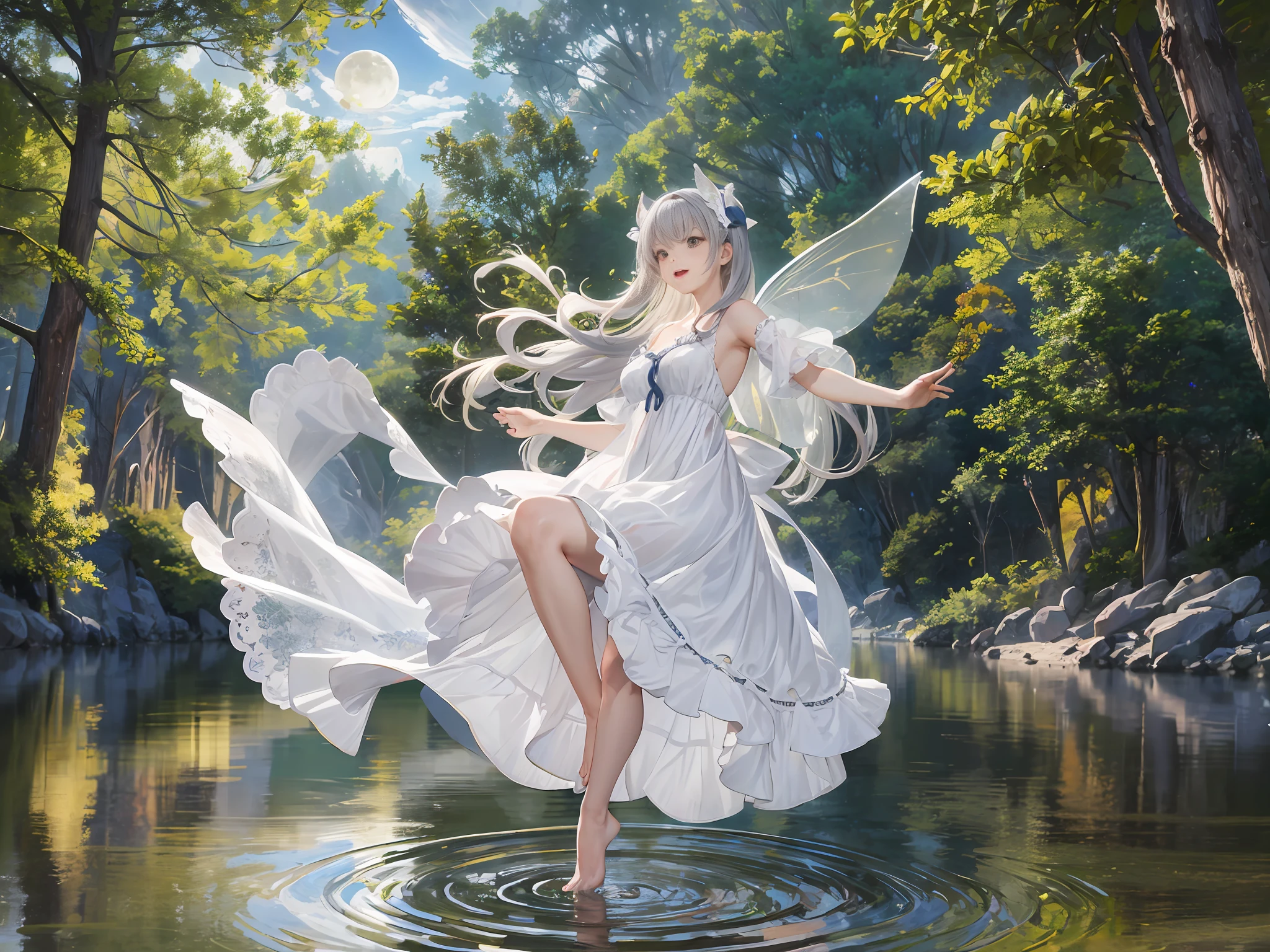 late night, moon, moonlight, lake, forest, antique dress, white lace long dress, floating, flying, dancing, spread your hands and look up, barefoot, floating on the lake, fairy, beautiful and moving, fairy sister, striped hair, very long hair, gray hair, ribbon, cinematic lighting, wide angle, anatomically correct, super detail, high detail, high quality, high resolution, best quality, super resolution, dynamic pose, dynamic view, light smile, (full body: 1.6), jump