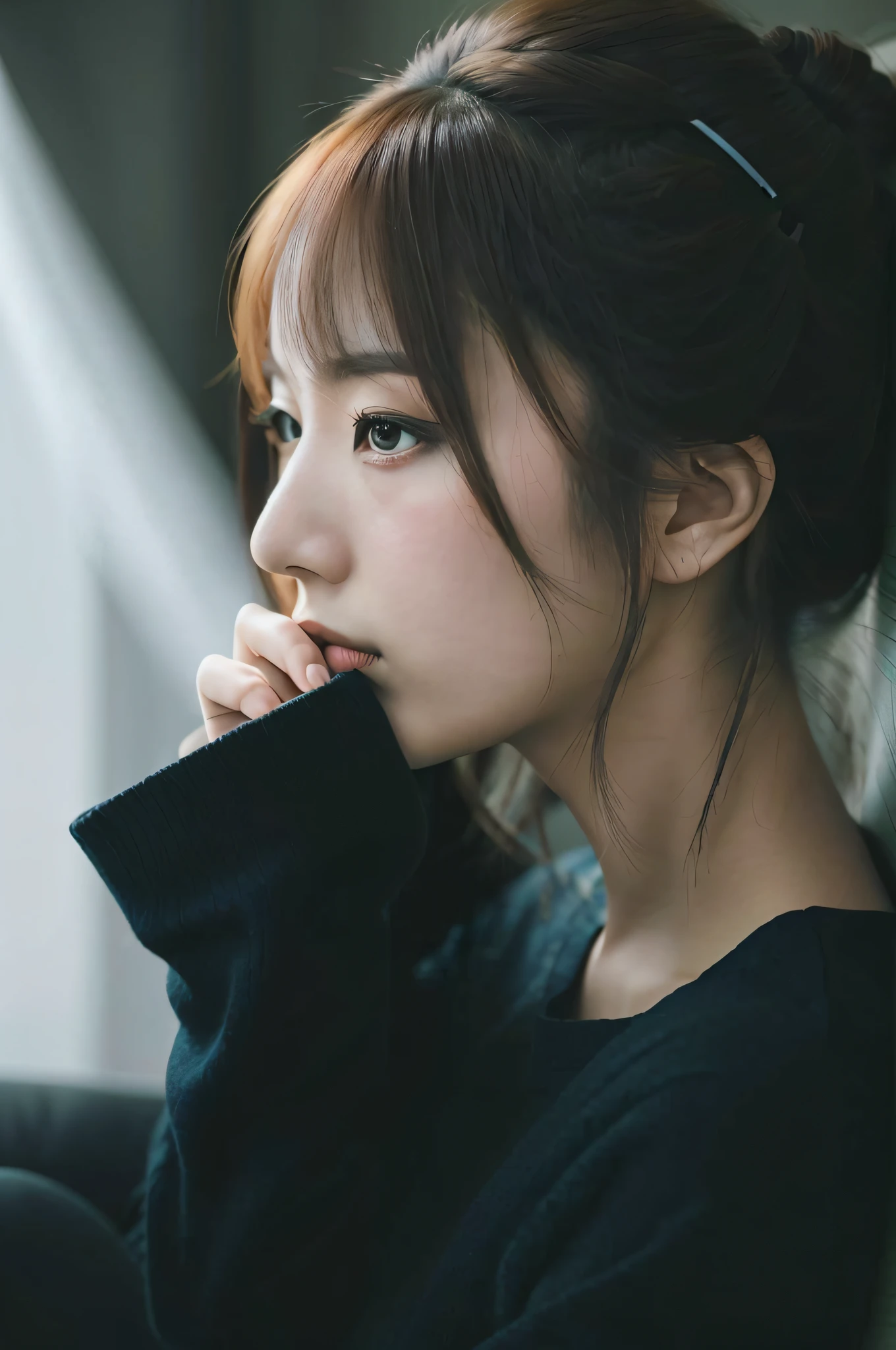 there is a woman sitting on a couch with her hand on her chin, profile of anime girl, chiho, side profile portrait, girl cute-fine-face, elegant japanese woman, a young asian woman, 奈良美智, elegant profile pose, a woman's profile, beautiful japanese girls face, beautiful young korean woman, korean girl