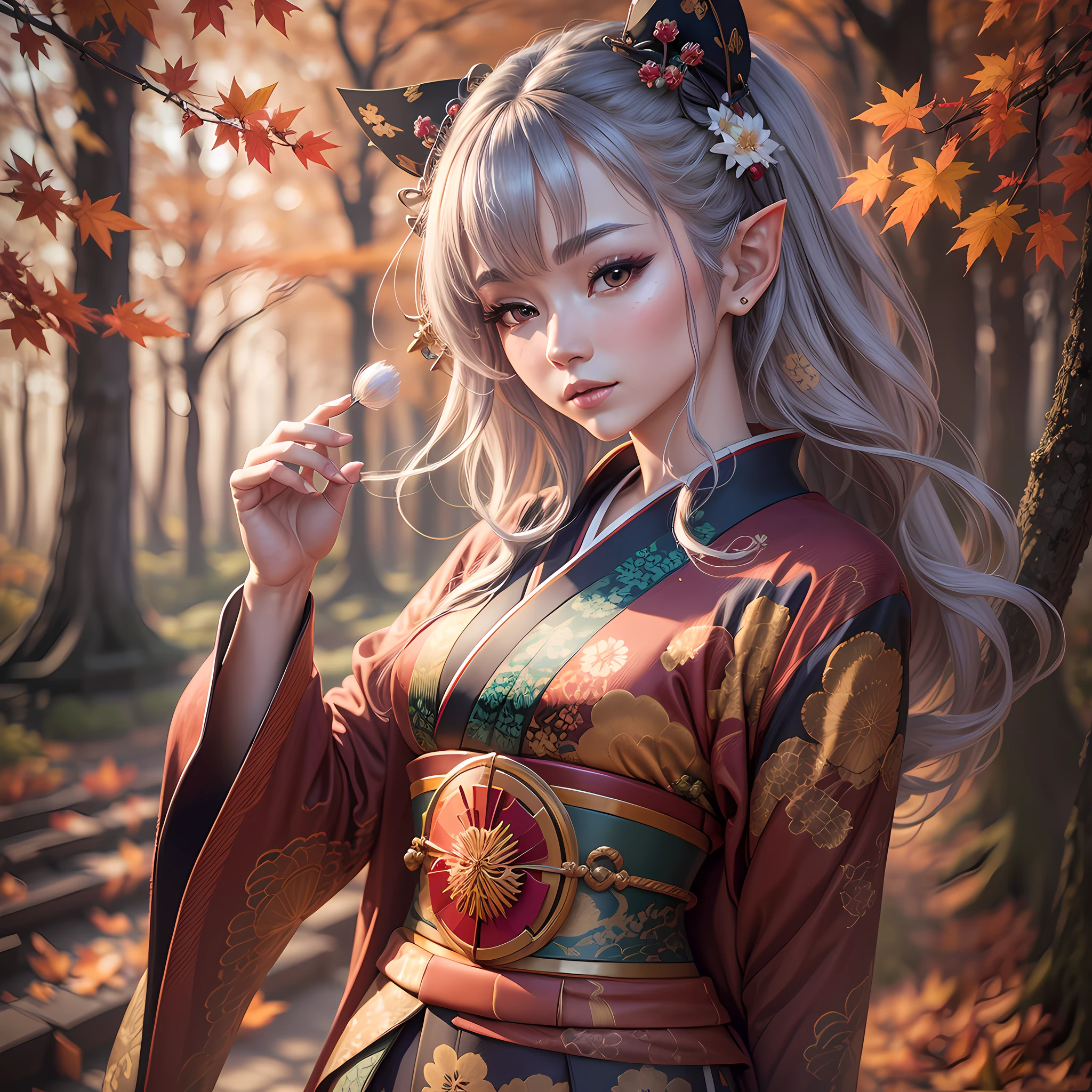 (Super elaborate CG Unity 8K wallpaper), (masterpiece), (highest quality), (realistic), geisha, kimono, dance, elf, pointed ears, ((best quality)), (super detailed)), (((photo)), autumn Japan forest --auto --s2