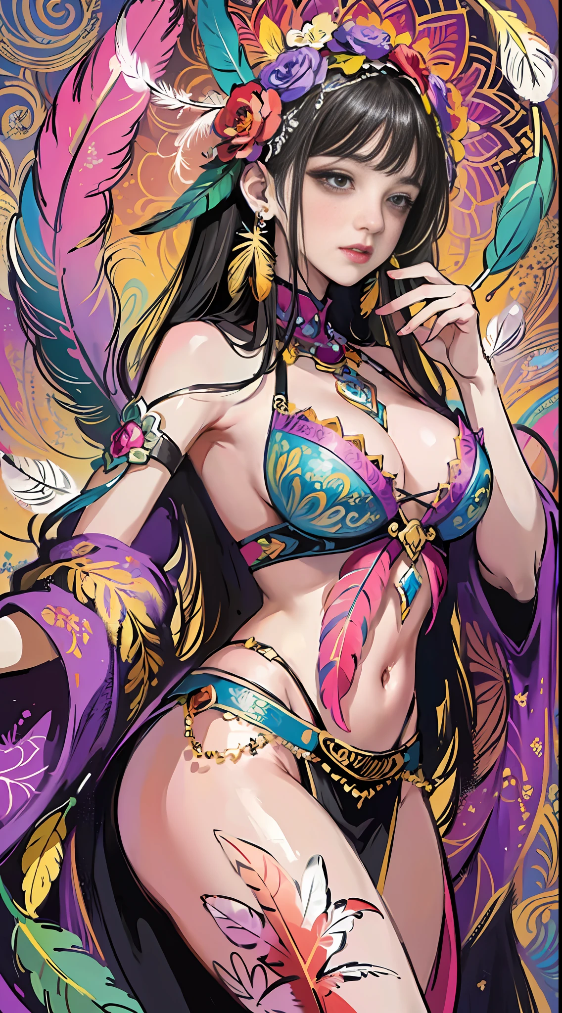 (Masterpiece, top quality, best quality, official art, beautiful and aesthetic:1.2), (1girl:1.3), extremely detailed, (fractal art:1.1), (colorful:1.1) (flowers:1.3), highest detailed, (zentangle:1.2), (dynamic pose), (abstract background:1.3), (many colors:1.4), (earrings), (feathers:1.5),, masterpiece, best quality,