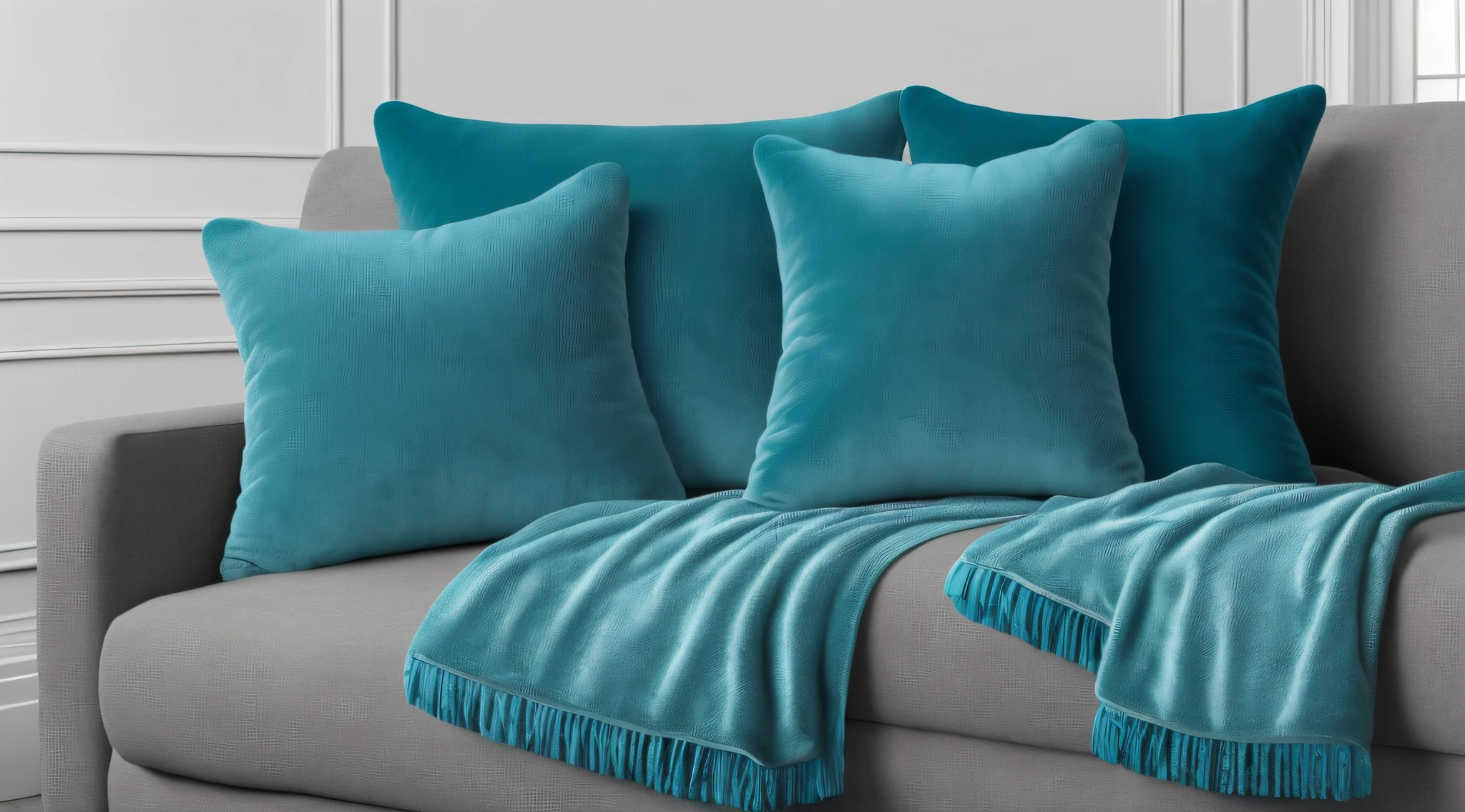 Blue sofa set, on which there are 3 teal short plush throw pillows, velvet texture, soft and comfortable, HD photography, home photography, 8K, realistic photography, home photography, teal short plush throw pillow, teal short plush pillow, matte velvet, matte velvet, velvet material, velor material, the whole decoration environment is warm and warm