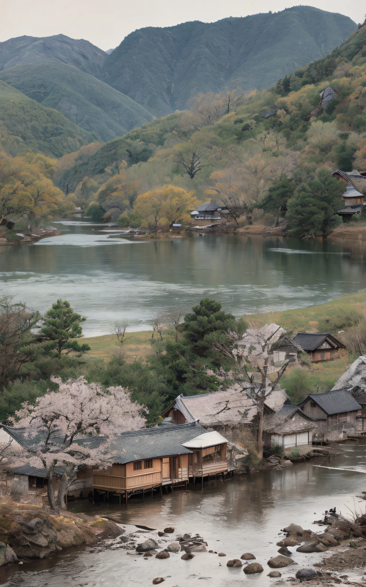 painting of a cabin in a valley with a river running through it, by Gigadō Ashiyuki, by Tōshi Yoshida, by Unkoku Togan, by Gusukuma Seihō, inspired by Katsushika Ōi, by Chizuko Yoshida, by Ryūsei Kishida