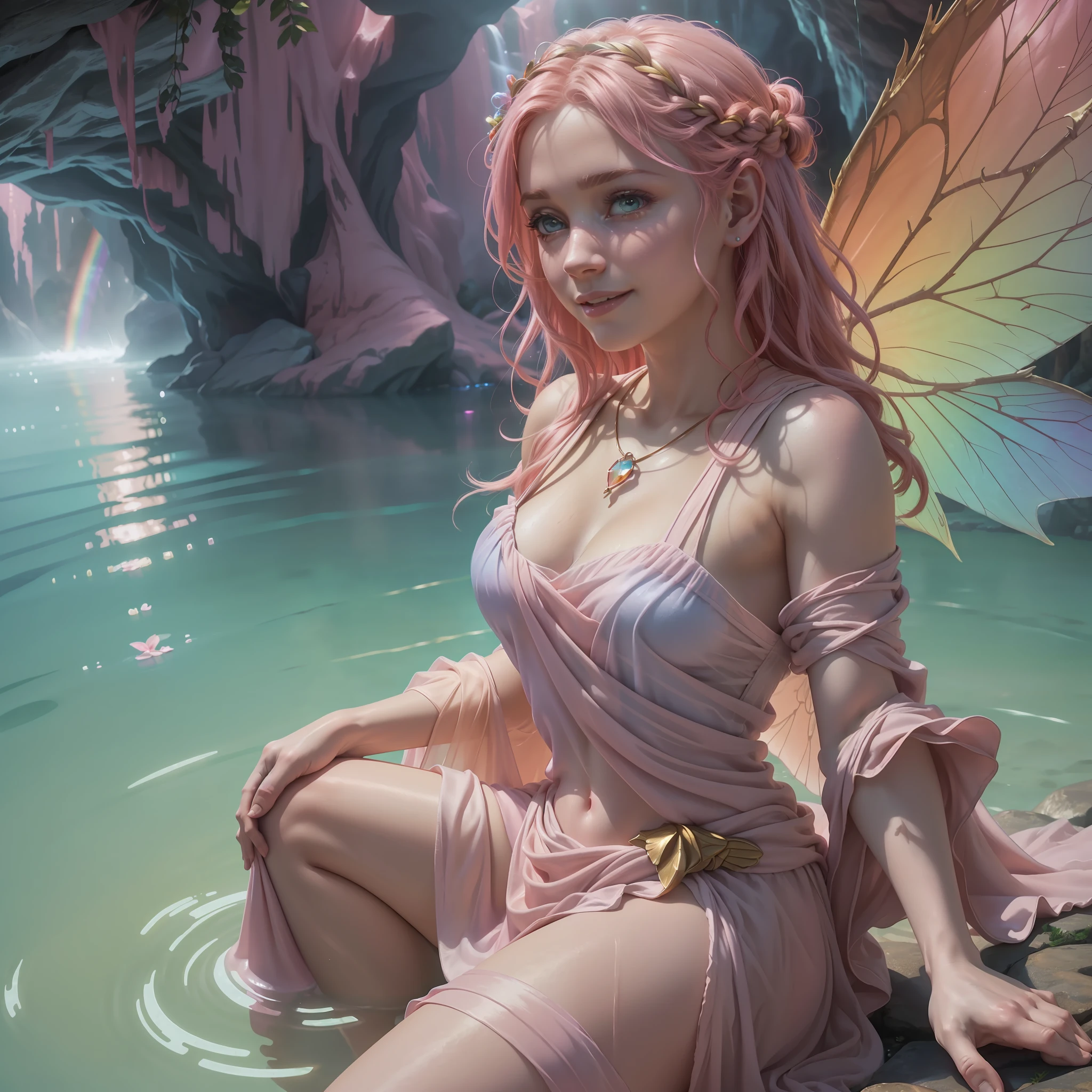beautiful mature ethereal midsize woman rising from pool of glowing (pink water:1.07) in a (cave:1.05, (rainbows:1.1) on the walls, woman with rainbow crystal (fairy:1.1) wings, smiling, clasped hands, natural clothing, (sfw:1.5), soft focus, pink hair, pale pink skin, wearing Roman draped toga (dress:1.05),
90s photography,
moody lighting, (8k uhd, film grain, hdr, raytracing), (professionally color graded), (cinematic look)
(realistic ground level shot), (FOV 120 degrees), dreamy, digital painting, oil painting, (magical), mystical