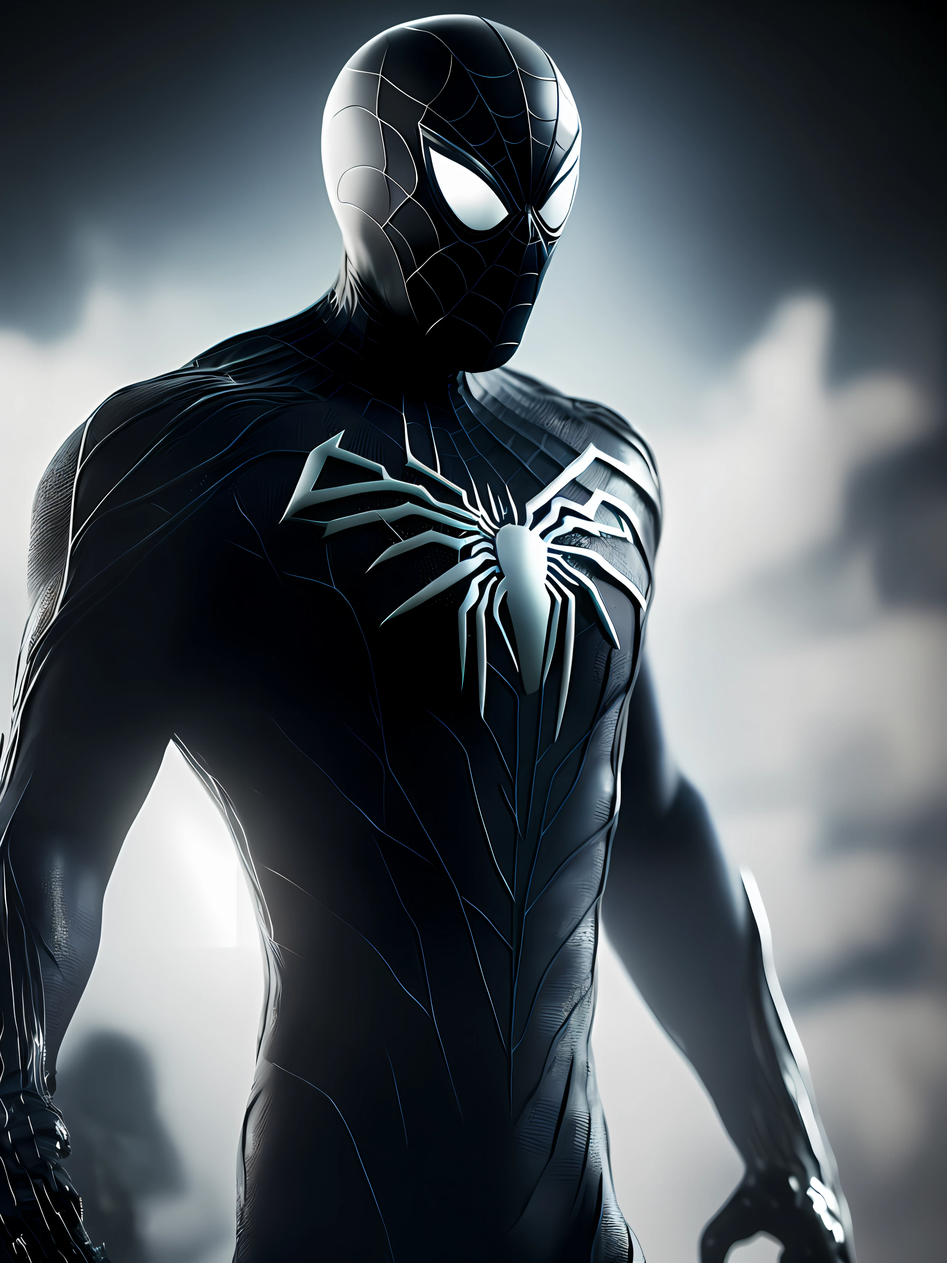spider man e Ghost spider, two with in a black bodysuit with a spider in the center of his chest in white, organic-looking clothing, slime texture, symbiote, white eyes, fine art, ps5 cinematic screenshot,highly detailed detailed cinematic rendering, raytricing ultra fotorrealista, com iluminação cinematográfica, black hair, Surrealism, 8k, super detail