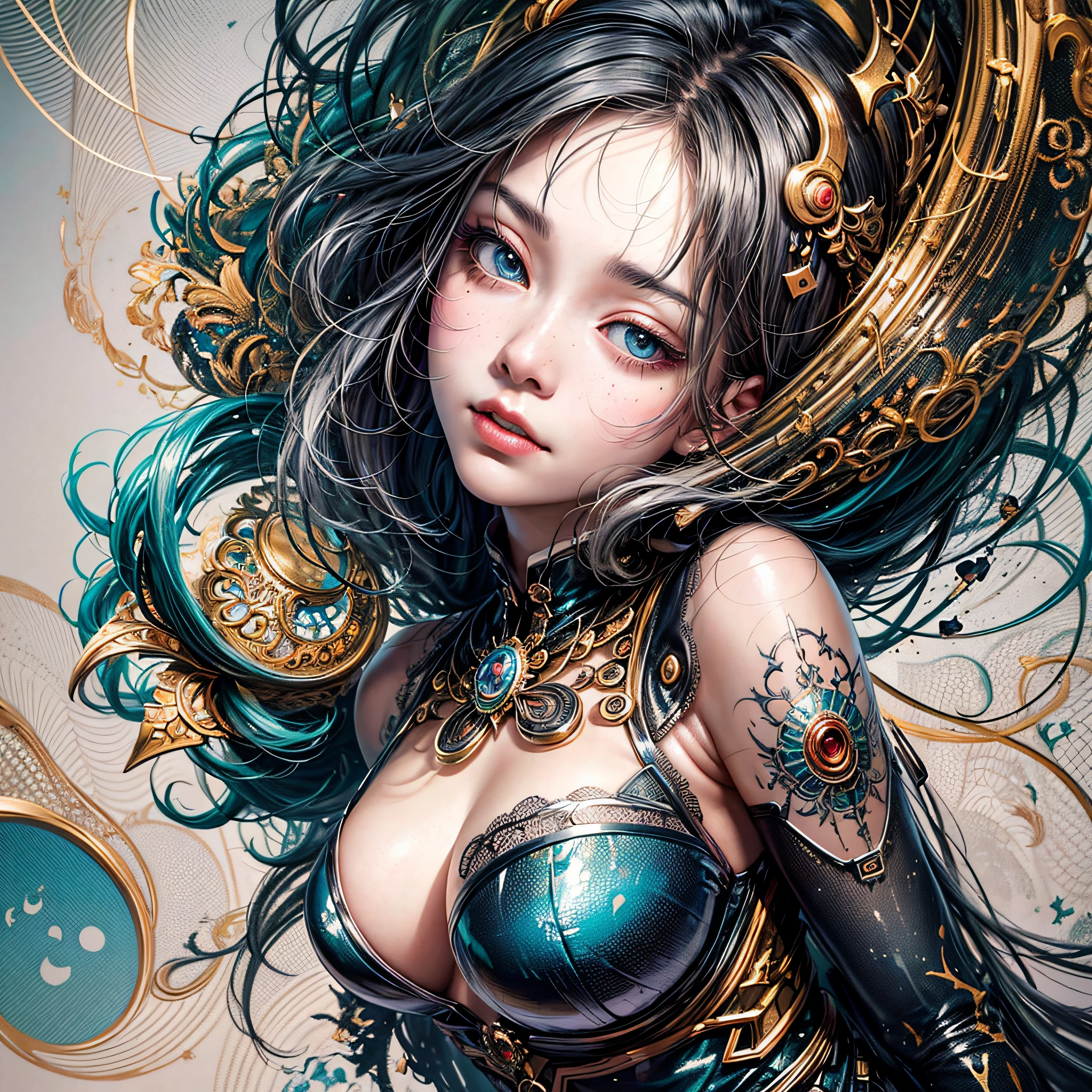official art, unity 8k wallpaper, ultra detailed, beautiful and aesthetic, masterpiece, best quality, (zentangle, mandala, tangle, entangle), (fractal art:1.3) , 1girl, extremely detailed, dynamic angle, cowboyshot, upper body,the most beautiful form of chaos, elegant, a brutalist designed, vivid colours, romanticism, by james jean, roby dwi antono, ross tran, francis bacon, michal mraz, adrian ghenie, petra cortright, gerhard richter, takato yamamoto, ashley wood, atmospheric, ecstasy of musical notes, streaming musical notes visible,