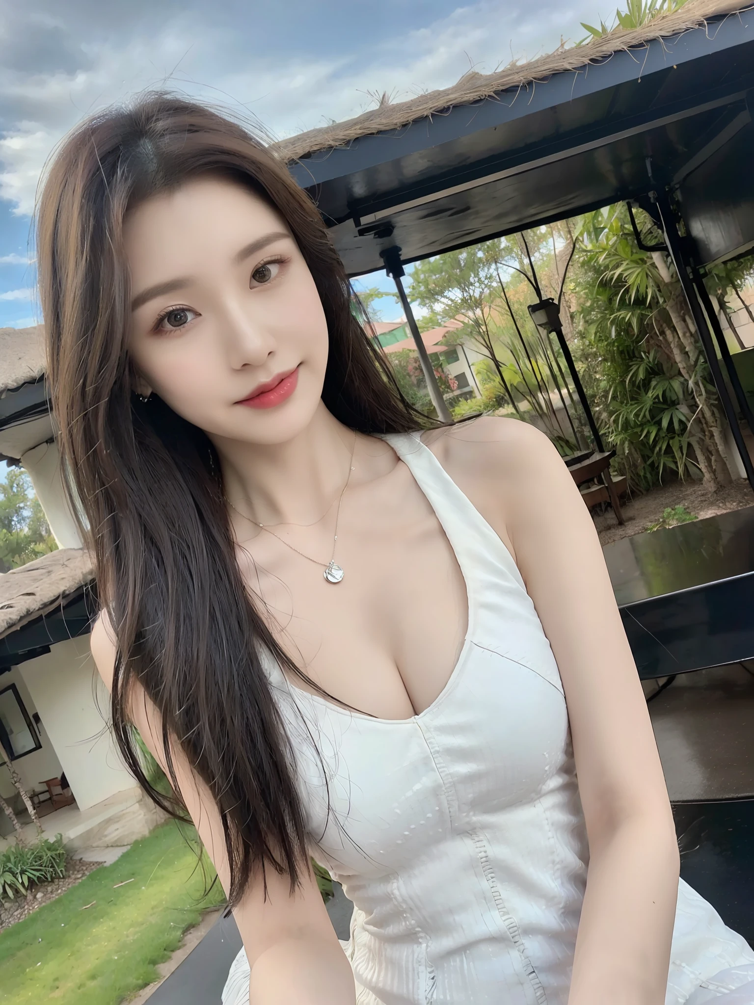 (raw photo:1.2), (photorealistic:1.4),((physically-based rendering)), best quality,masterpiece,best quality,official art, (realistic, photo-realistic:1.4), (high detailed skin:1),
outdoors, blue sky, cityscape,
1girl, full body, pbx,tiangtongjiang,
long hair, black hair, red lipstick, ,
bare shoulders, dress, jewelry, earrings, necklace,underwear,
close-up, pov, munechira,