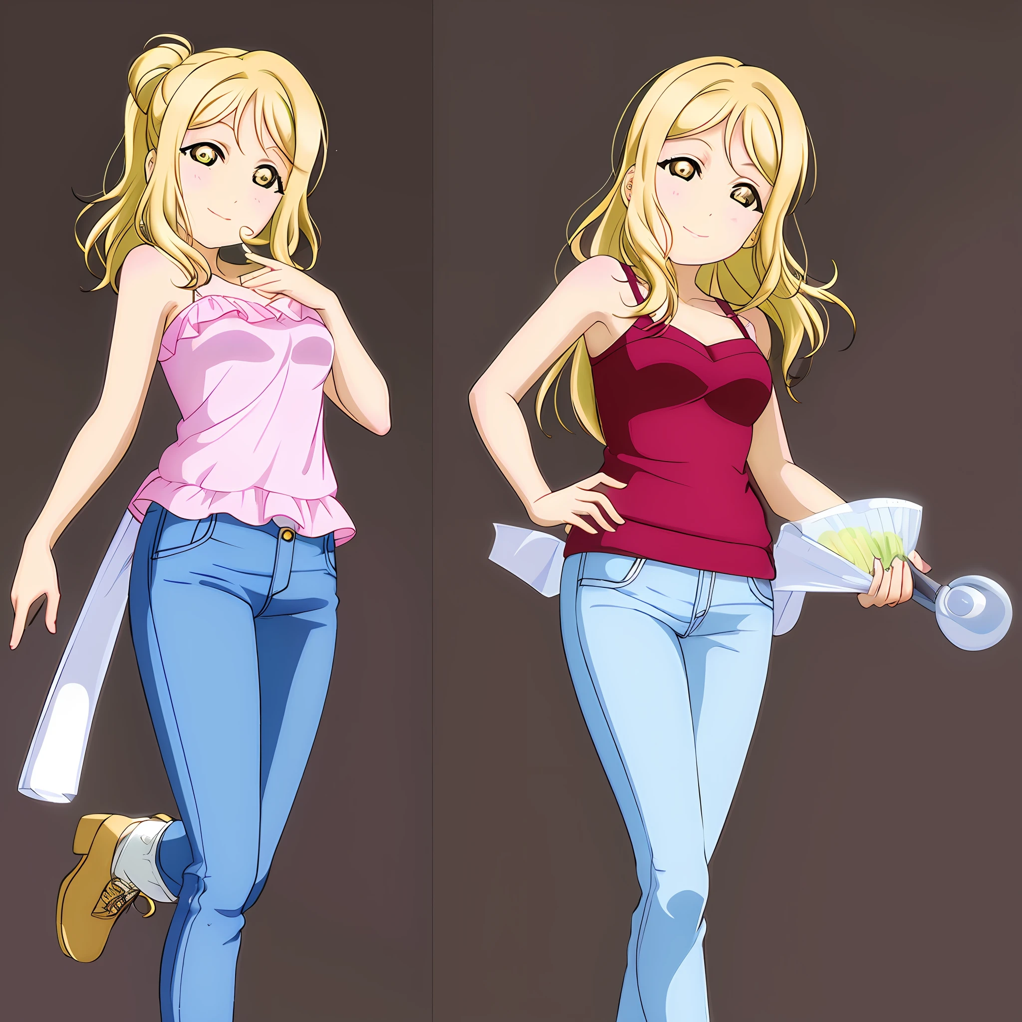 Masterpiece, best quality, highest quality, greenish eyes, pink tube top, jeans, Mari Ohara, 1girl, simple background