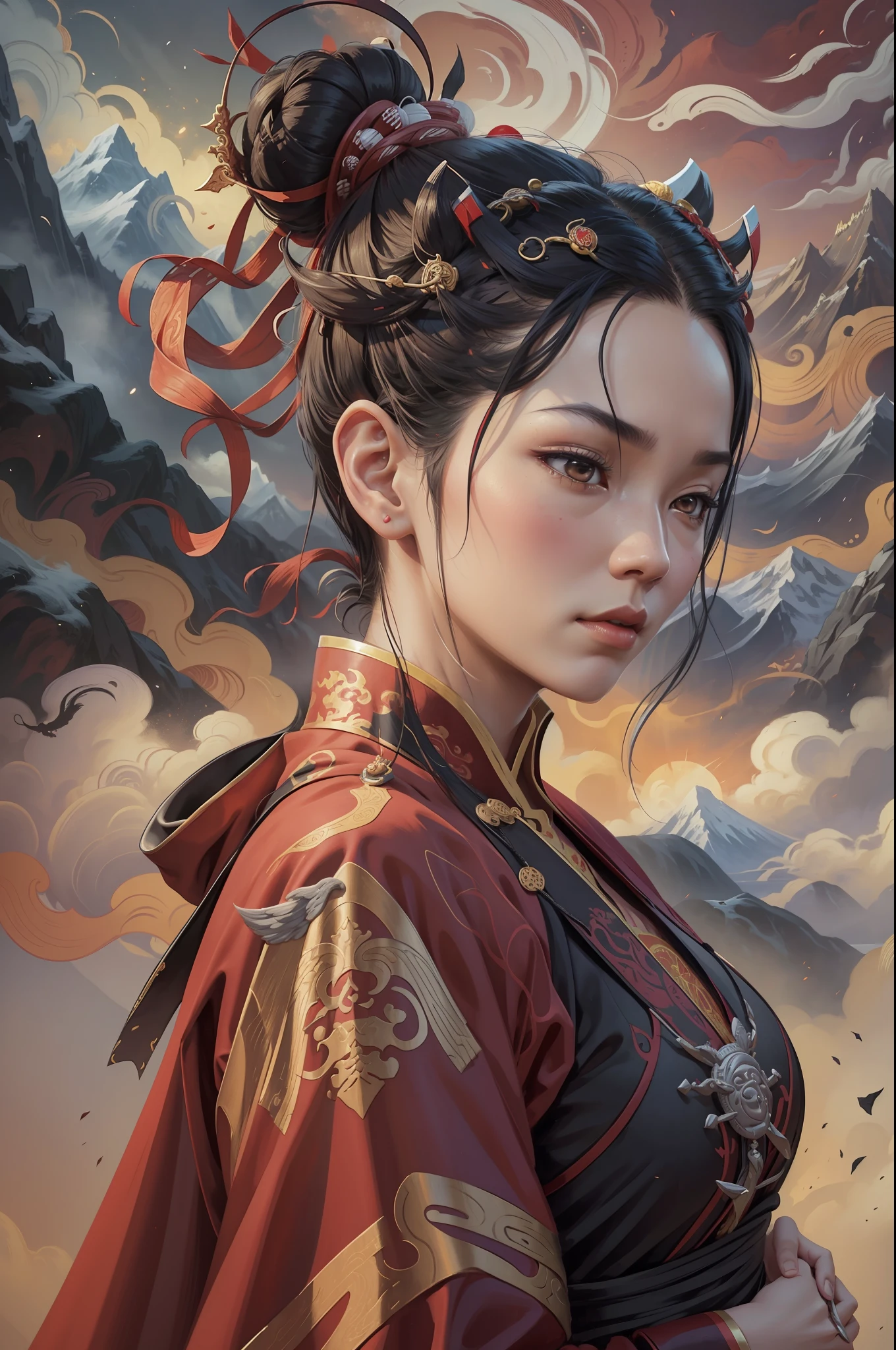A female Taoist priest in a red and black robe, Avalokitesvara, Behind the Taoist priest is a Chinese dragon, The background is mountains, There was a thick fog, river, black hair, white hair, silver hair, hair bun, short hair, lonely, Surrealism, atmospheric perspective, caustics, close-up, cowboy shot, high details, high quality, masterpiece, anatomically correct