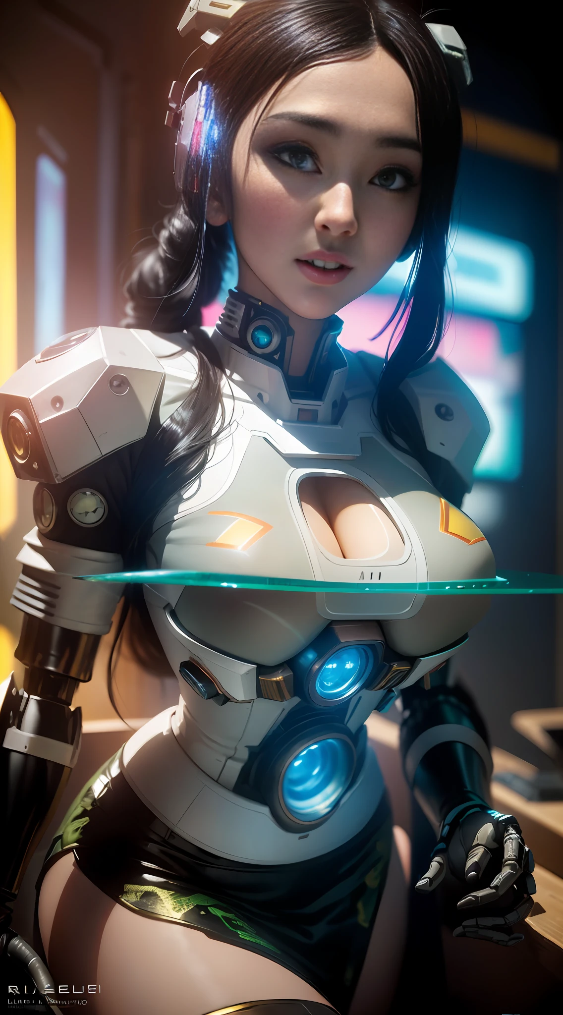 ((Best quality)), ((masterpiece)), (highly detailed:1.9), 3D, beautiful, (cyberpunk:1.4), in space, nebulous, (holding_crypto:1.3), laser, (1Female Mecha:1.7), naked sexy body, facing audience, bright eyes, sexy whole body, (pose, descending, dynamic, motion blur around: 1.0), (huge wings of wicks: 1.6), looking up, glowing_eyes, mecha, panorama, background is earth, nebula, space, particles, Reality, HDR (High Dynamic Range), Ray Tracing, NVIDIA RTX, Super Resolution, Unreal 5, Subsurface Scattering, PBR Textures, Post-Processing, Anisotropic Filtering, Depth of Field, Maximum Clarity and Clarity, Multilayer Textures, Albedo and Specular Maps, Surface Shading, Accurate Simulation of Light-Material Interaction, Perfect Proportions, Octane Render, Two-Seven Lighting, Large Aperture, Low ISO, white balance, rule of thirds, 8K RAW, efficient sub-pixel, sub-pixel volume product, (best quality), (Japanese: 0.5), (Korean: 0.8), (Liu Yi Fei: 1.5) long hair, (big chest: 1.2), (underboob: 1.5), (rainbow transparent lace mini skirt: 1.9)
