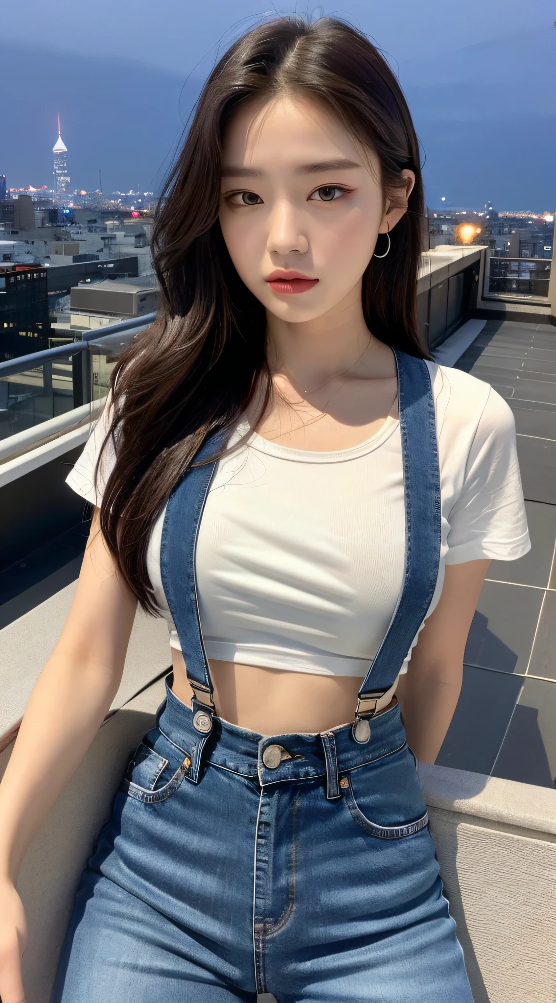 ((Midnight, Acura, 8K, Masterpiece: 1.3)), Full Body, Long Legs, Focal Length: 1.2, Perfect Body Beauty: 1.4, Slim Abs: 1.1, ((Dark Brown Hair, Medium Breasts: 1.2 )), (White Skinny T-Shirt, Denim Suspenders, Standing: 1.2), ((City Night View, Rooftop: 1.3)), Highly detailed face and skin texture, Detailed eyes, Double eyelids