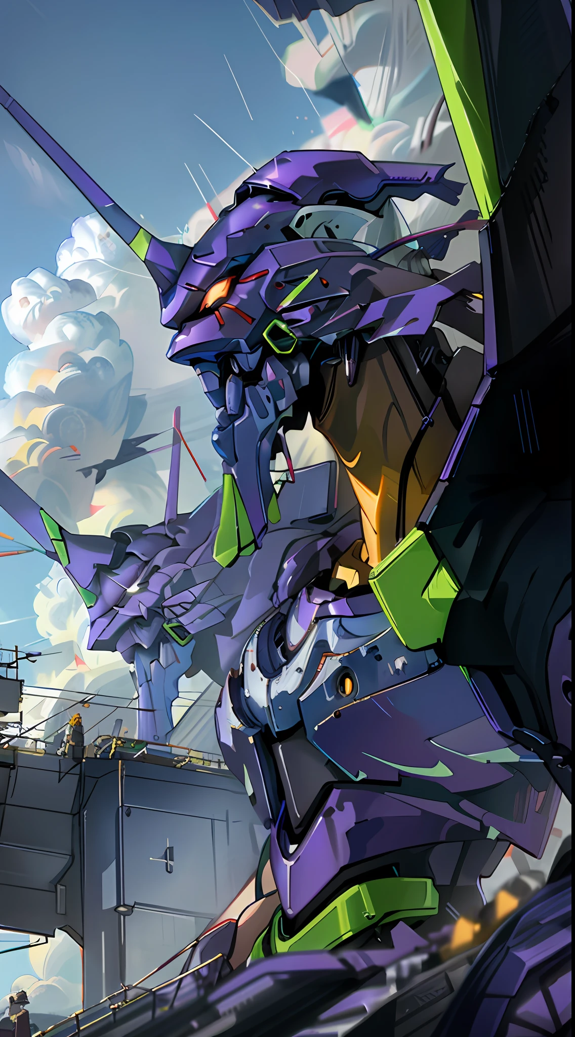 ((eva 01), evagod:1.1), evagenlion, Concept Design, sci-fic character design, SCIENCE FICTION, giant robot, advanced metal and Ceramic Mecha, Accurate EVA 01 head details, high-tech, huge android, (outdoor, sky, clouds), global illumination, edge light, octane rendering, ray tracing, 4k, best quality, masterpiece, high resolution, very detailed, scientific anatomy, carbon fiber, titanium, surrealism, anatomy, beautiful Tokyo-3 background, CG, unity, wallpaper, futurism, epic, apocalypse, sci-fi fighter, giant mechanic, correct perspective