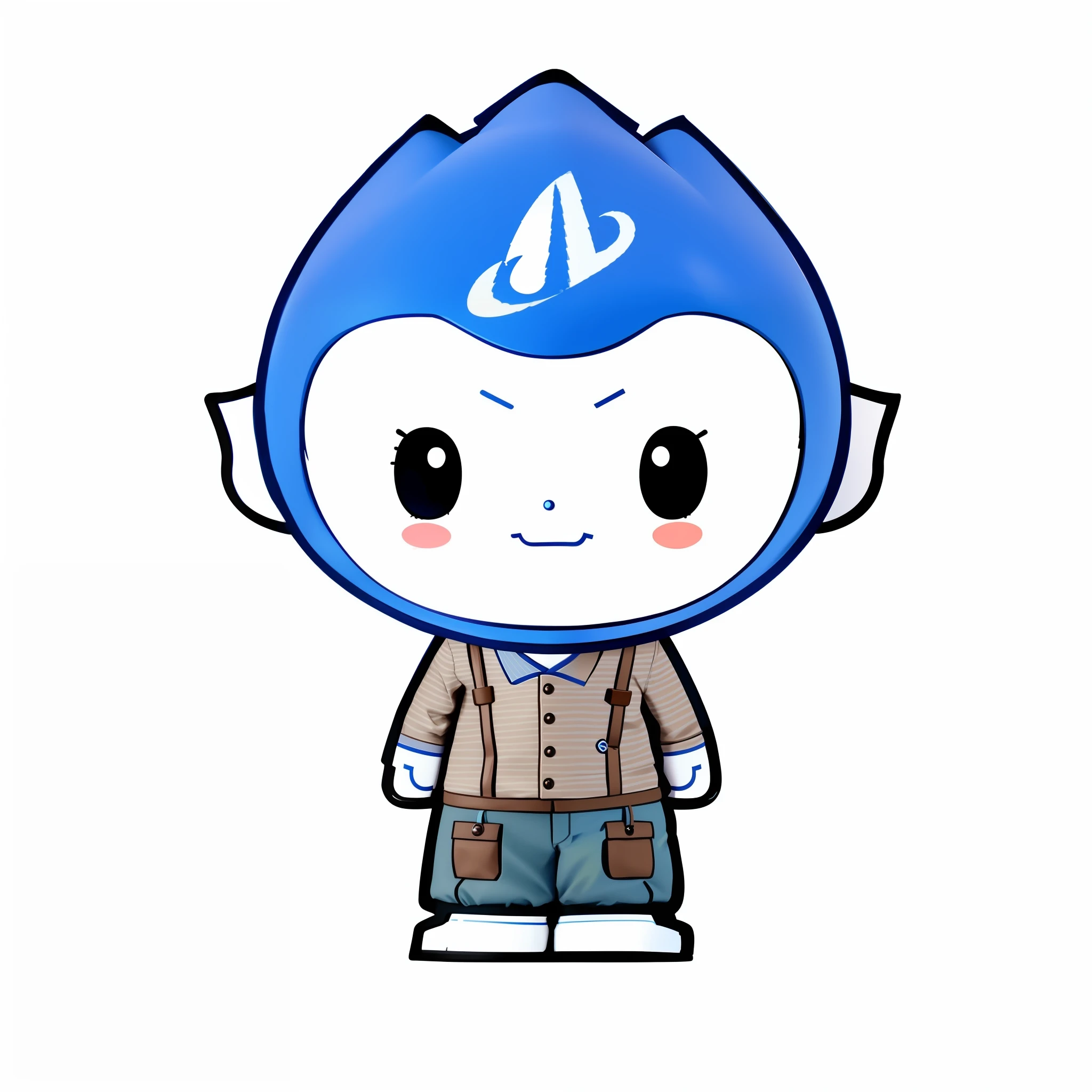 Cartoon character of boy in blue hat and brown pants, full body mascot, Japanese mascot, mascot illustration, blue uniform, cute character, anime character, official character illustration, anime character, , mind character, full character, blue elf, fantasy character, character in hat, humanoid character, anime style character