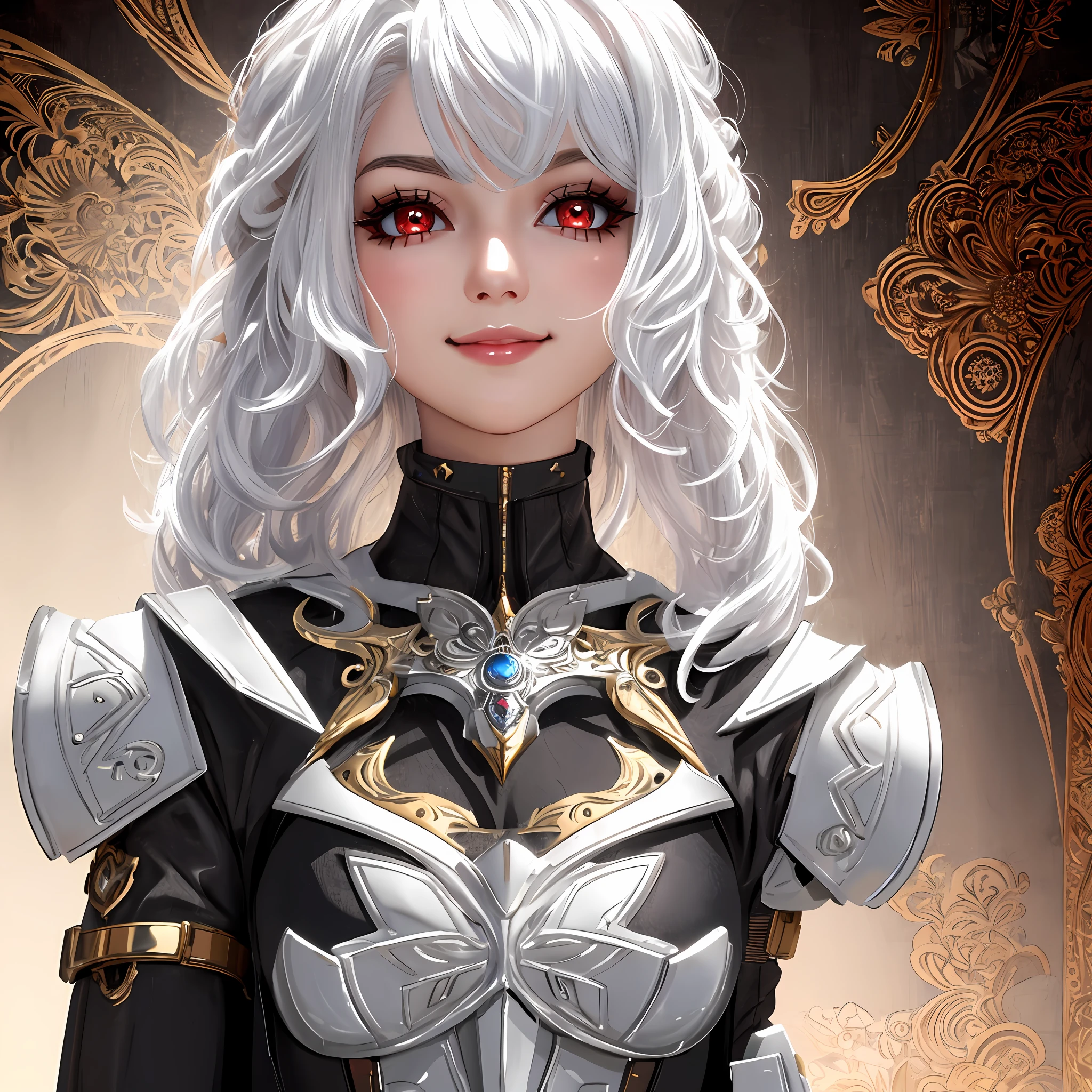 masterpiece, best quality, BREAK, 1girl, robotic dress,red eyes,close up shot, realistic, smile, ornate, intricate, looking at viewer,white hair, realistic hair,white eyelashes,highest quality digital art, Stunning art, wallpaper 4k,8k,64k, HD, unparalleled masterpiece, dynamic lighting, cinematic, epic