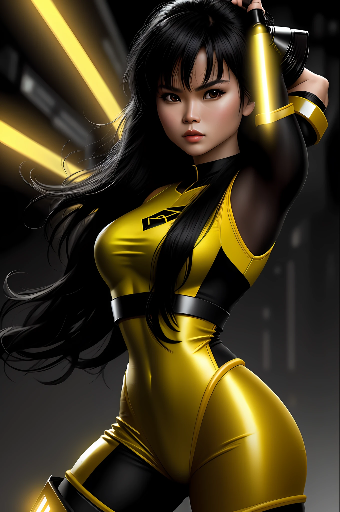 en) Thuy Trang on a focused background, close-up, with high contrast lighting, black hair,black eyes, yellow power ranger,destroyed city, 8k, 4k, 3d, Mighty Morphin Power Rangers