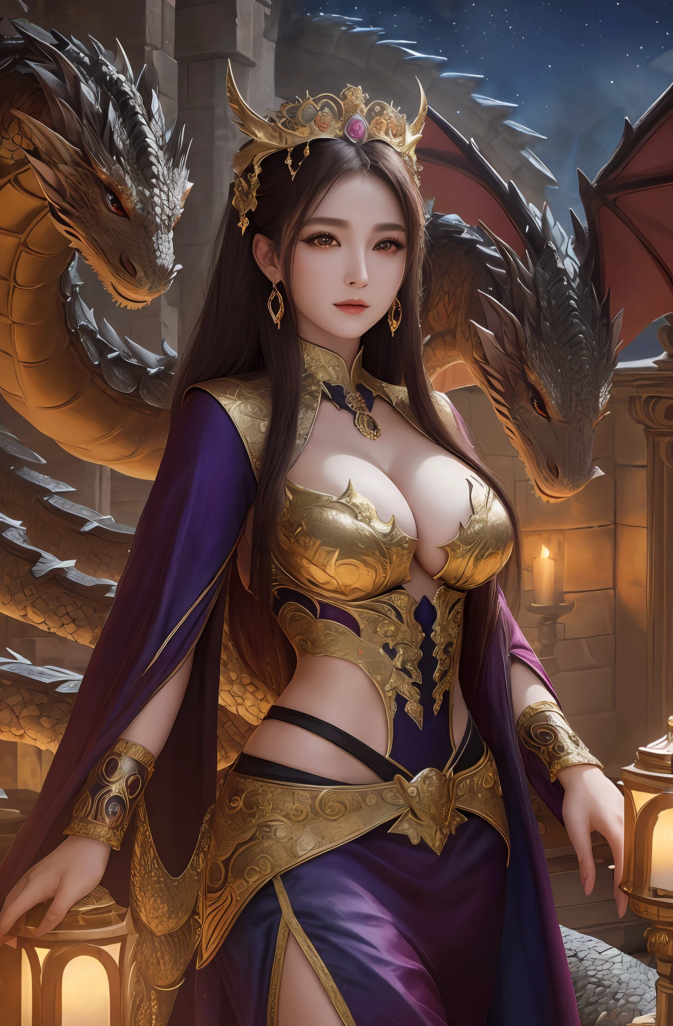 (16k, masterpiece, best quality), ultra-detailed, detailed beautiful round eyes, beautifully detailed face, high quality, high resolution, the dragon queen with her dragons, dragon outfit, goddess, perfect face, perfect body, large breast, ((nighttime)), mature women, indoor, castle background