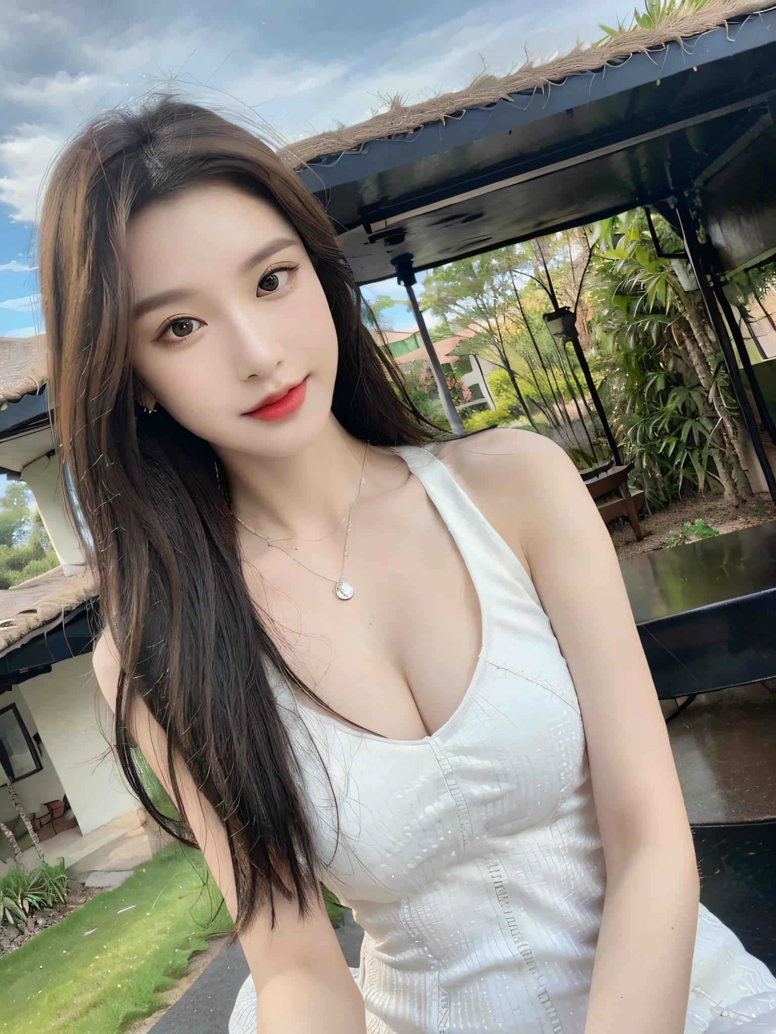 (raw photo:1.2), (photorealistic:1.4),((physically-based rendering)), best quality,masterpiece,best quality,official art, (realistic, photo-realistic:1.4), (high detailed skin:1),
outdoors, blue sky, cityscape,
1girl, full body, pbx,tiangtongjiang,
long hair, black hair, red lipstick, cleavage,
bare shoulders, dress, jewelry, earrings, necklace,underwear,
close-up, pov, munechira,