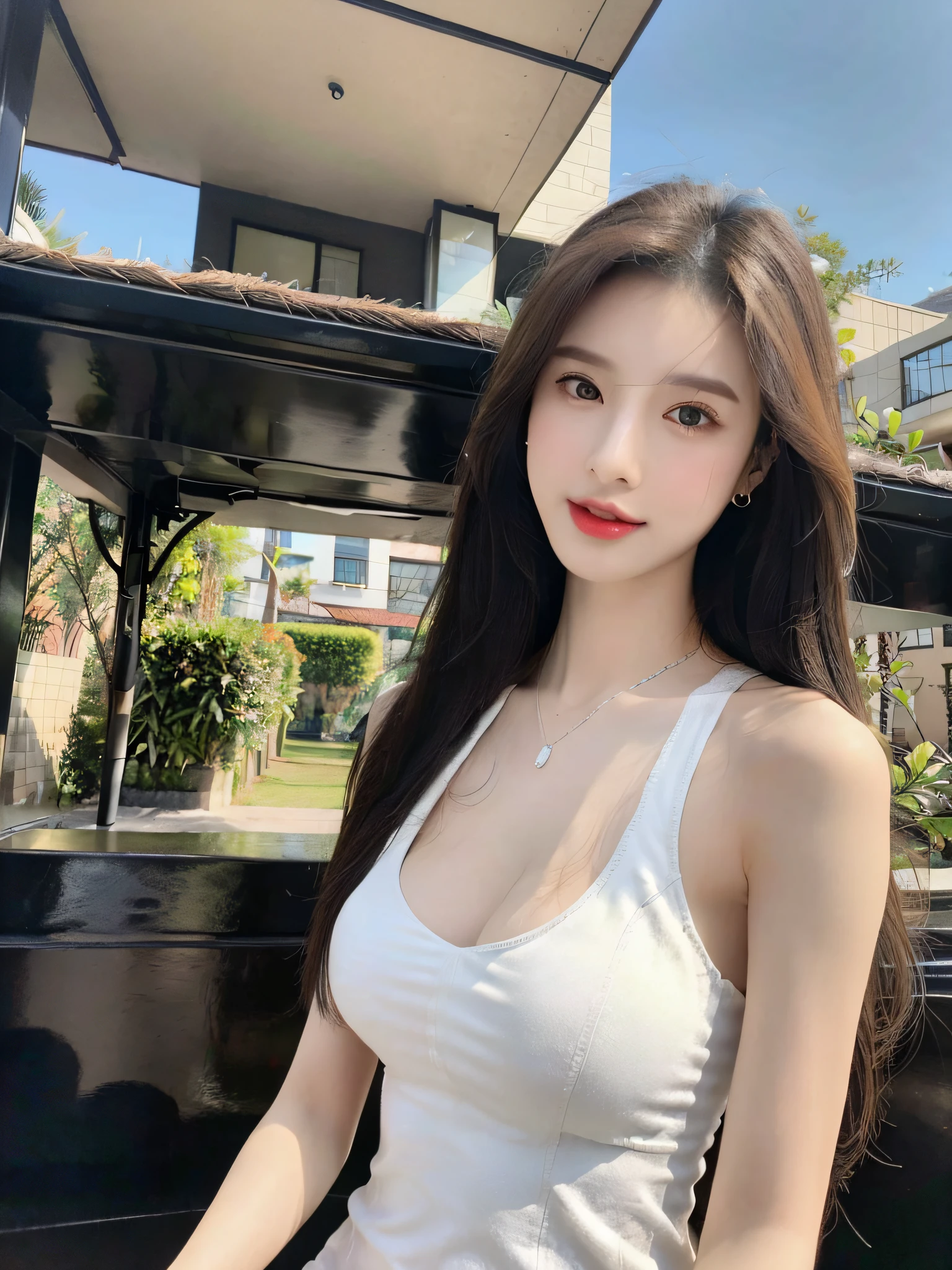 (raw photo:1.2), (photorealistic:1.4),((physically-based rendering)), best quality,masterpiece,best quality,official art, (realistic, photo-realistic:1.4), (high detailed skin:1),
outdoors, blue sky, cityscape,
1girl, full body, pbx,tiangtongjiang,
long hair, black hair, red lipstick, cleavage,
bare shoulders, dress, jewelry, earrings, necklace,underwear,
close-up, pov, munechira,