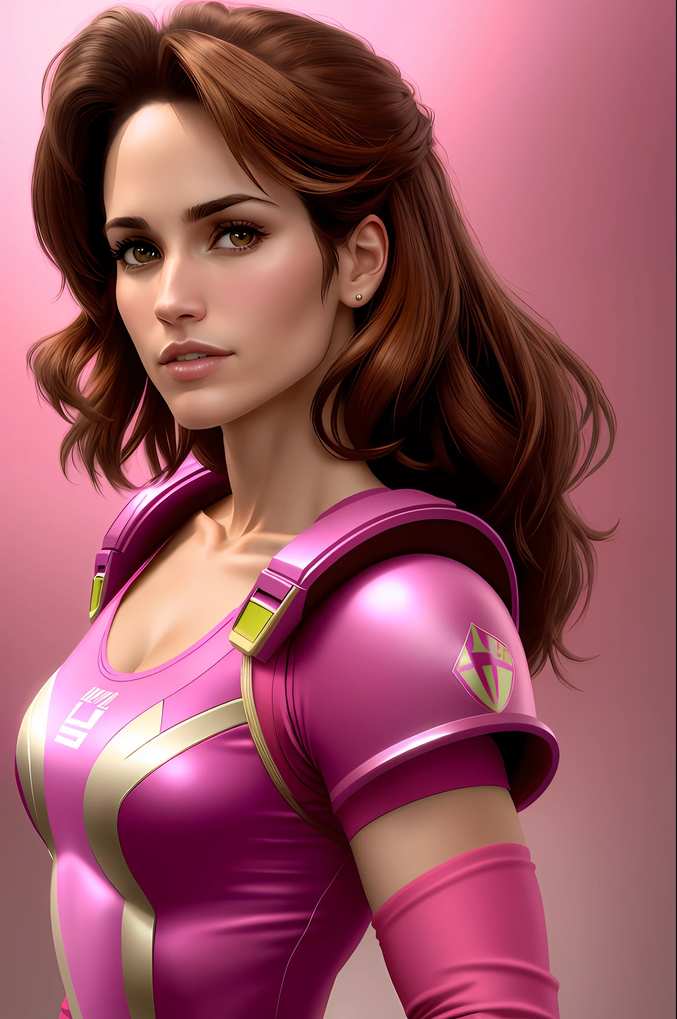 (en) Amy Jo Johnson in a focused, close-up background with high-contrast lighting, brown hair, light brown eyes, pink power ranger,