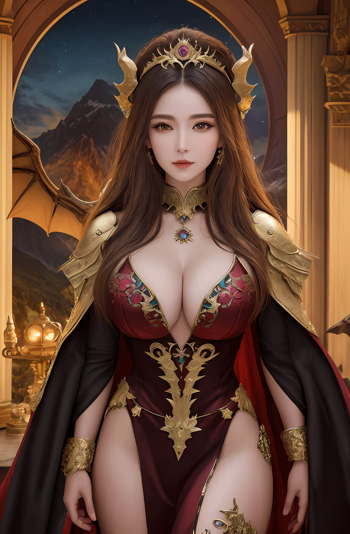 (16k, masterpiece, best quality), ultra-detailed, detailed beautiful round eyes, beautifully detailed face, high quality, high resolution, the dragon queen with her dragons, dragon outfit, goddess, perfect face, perfect body, large breast, ((nighttime)), mature women, indoor, mountain background