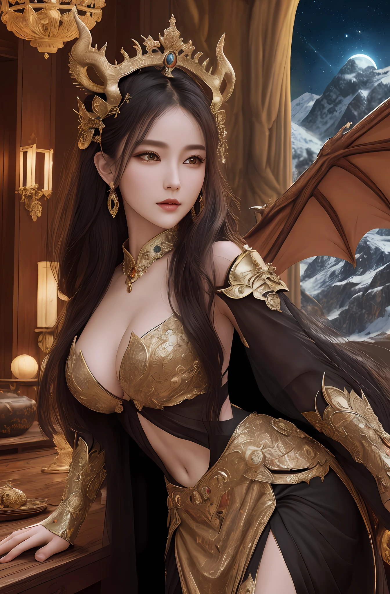 (16k, masterpiece, best quality), ultra-detailed, detailed beautiful round eyes, beautifully detailed face, high quality, high resolution, the dragon queen with her dragons, dragon outfit, goddess, perfect face, perfect body, large breast, ((nighttime)), mature women, indoor, mountain background