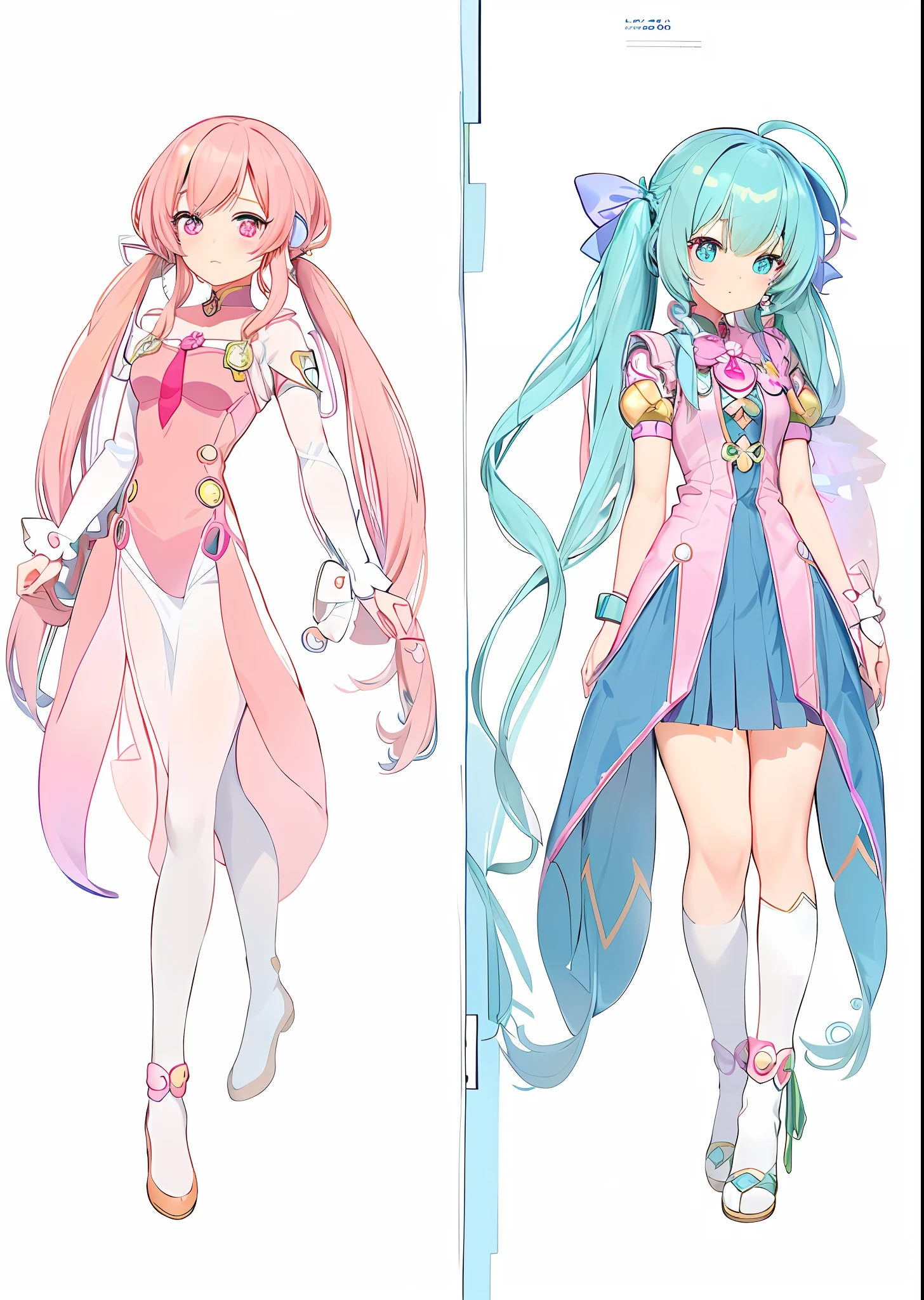 a close up of four different images of a girl with long hair, style of magical girl, pretty anime character design, concept art magical highlight, best anime character design, character adoptable, full body adoptable, anime character design, humanoid pink female squid girl, anime concept art, small curvy loli, cute art style, pink twintail hair and cyan eyes