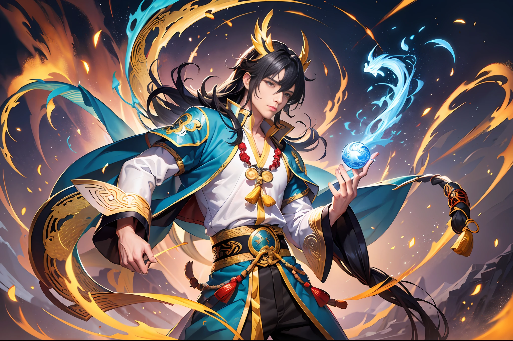 20-year-old boy, clear content, high resolution, Chinese ancient style, Chinese martial arts style, Chinese fantasy style, depicting a 25-year-old man with fairy wind Dao bones, exuding spirit, with a huge bright blue light dragon soul behind him, with bright black hair, long hair fluttering, a white Taoist robe, fairy qi fluttering, fairy, dragon and phoenix, golden light, Chinese martial arts style.