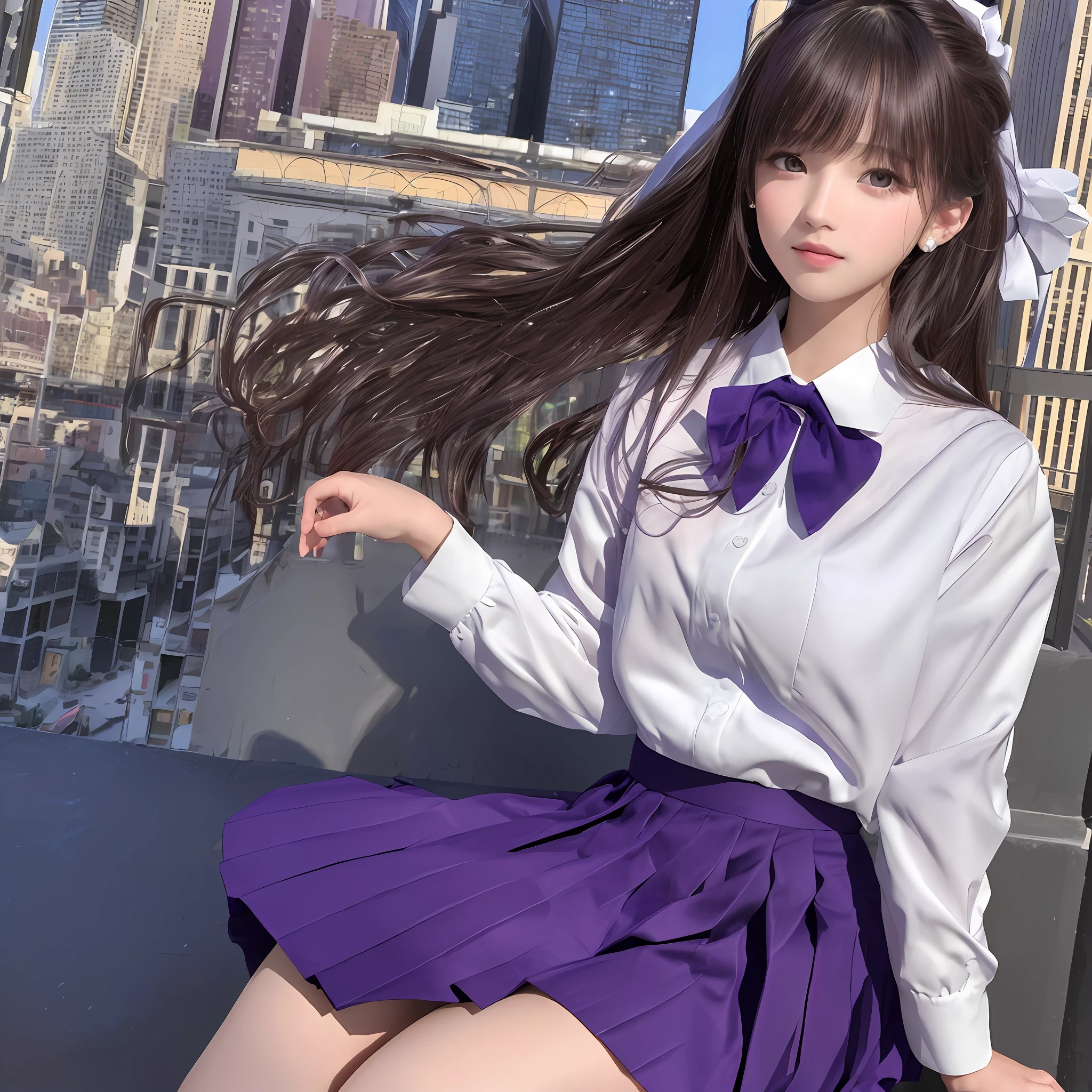 (8k, best quality, masterpiece:1.2), realistic, ultra highres, intricate details,
1girl, beautiful face, jk suit,white shirt,purple bow, bowtie,purple skirt,pleated skirt,cityscape, night,