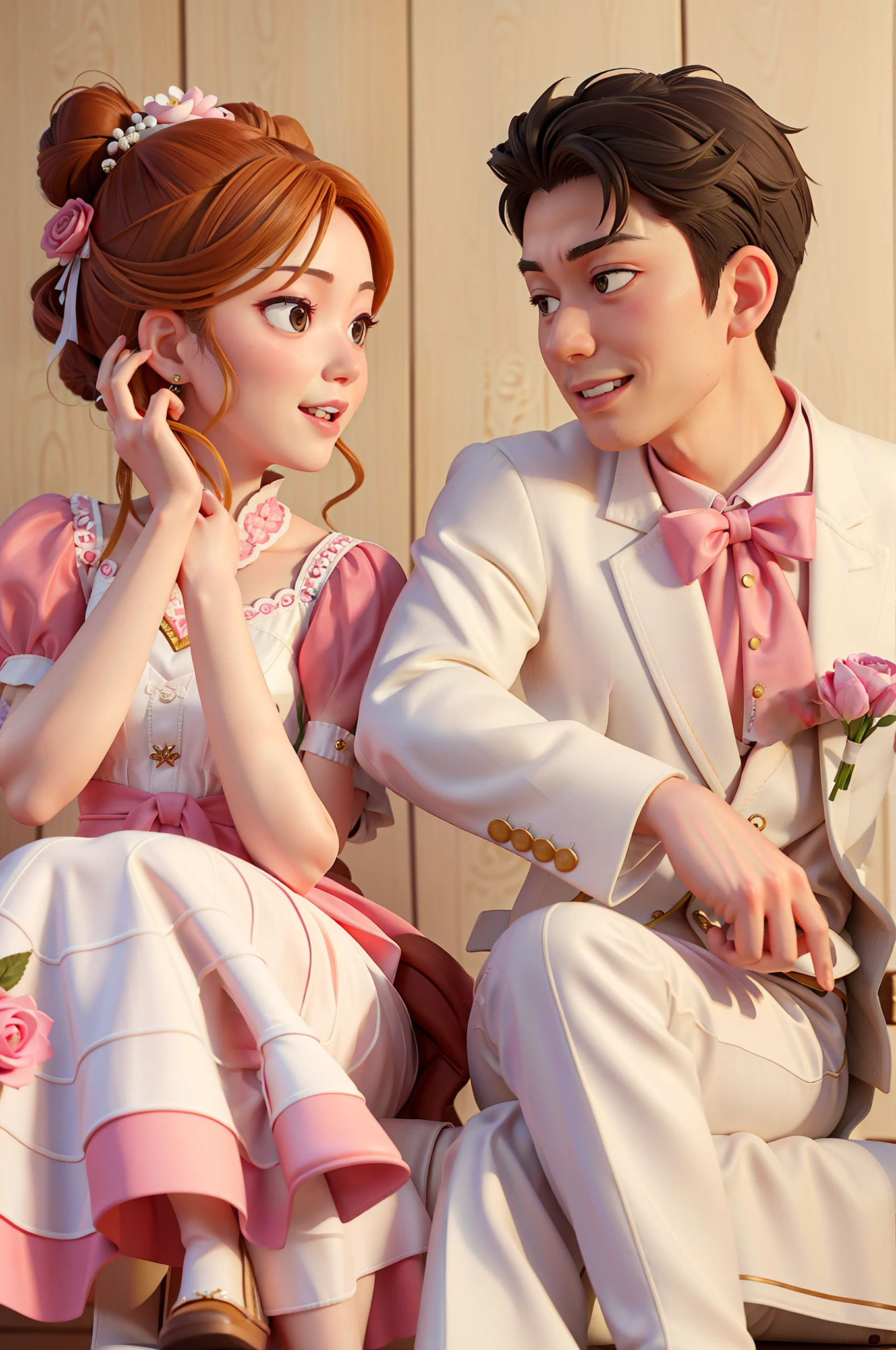 The bride and groom are sitting on the sofa looking at each other, smiling, holding flowers in their hands, Ruan Jia and Fenghua Bell, lovely couple, Cheng Yanjun, Dai Ao, wedding photos, Ruan Jia and Brom, photo shoot, happy couple, Sha Xi, fanart, pastel, Cai Xukun, 🤬 🤮 💕 🎀 photo taken with Nikon D 7 5 0