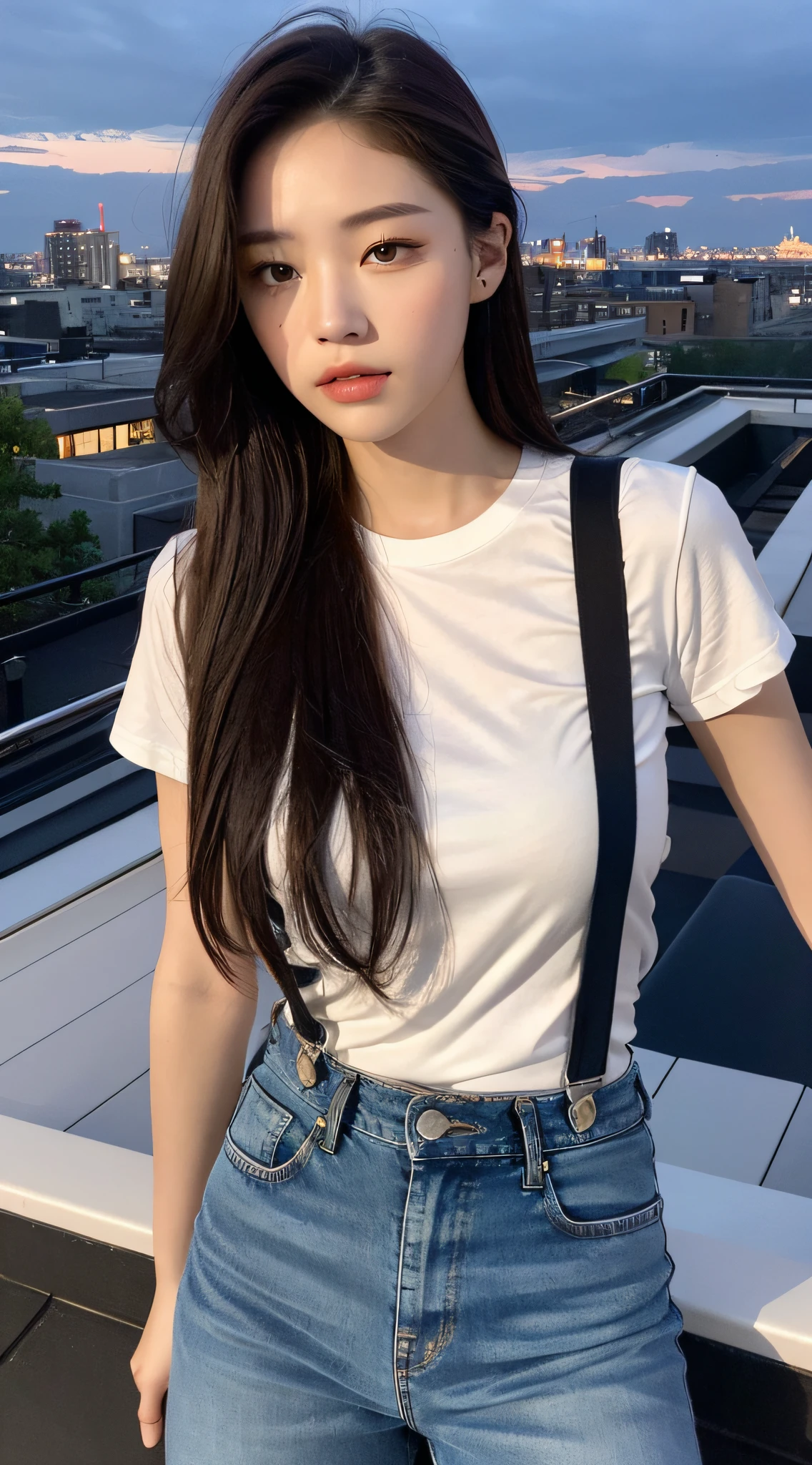 ((Midnight, Acura, 8K, Masterpiece: 1.3)), Full Body, Long Legs, Focal Length: 1.2, Perfect Body Beauty: 1.4, Slim Abs: 1.1, ((Dark Brown Hair, Medium Breasts: 1.2 )), (White Skinny T-Shirt, Denim Suspenders, Standing: 1.2), ((City Night View, Rooftop: 1.3)), Highly detailed face and skin texture, Detailed eyes, Double eyelids