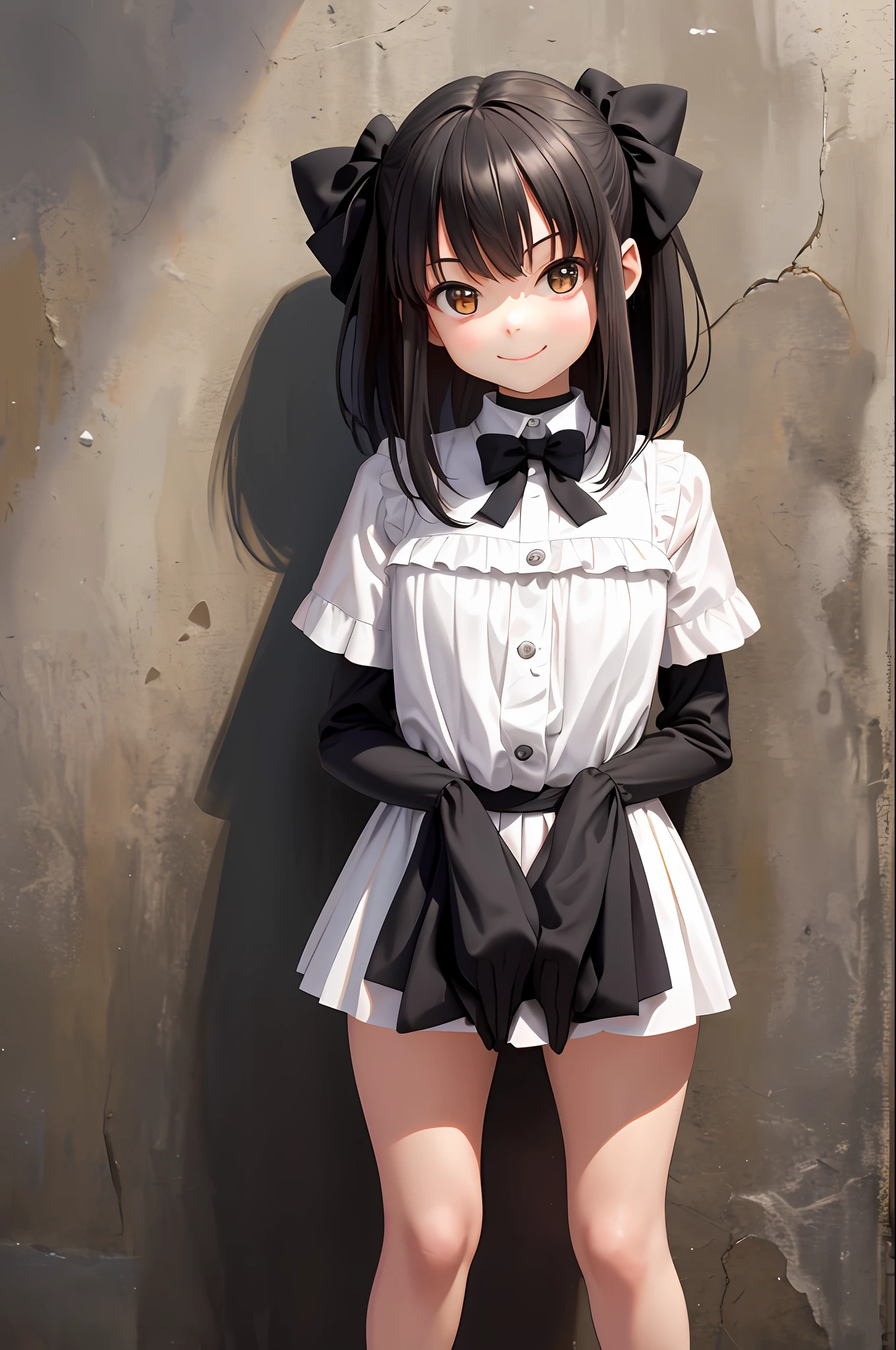 Young woman, petite woman, female, smile, smiling, has a big cute bow in her hair, 1girl, best quality, outdoor, high definition, beautiful,, deep throat, stuck in the wall, no extra limbs, no extra legs, no extra arms and hands