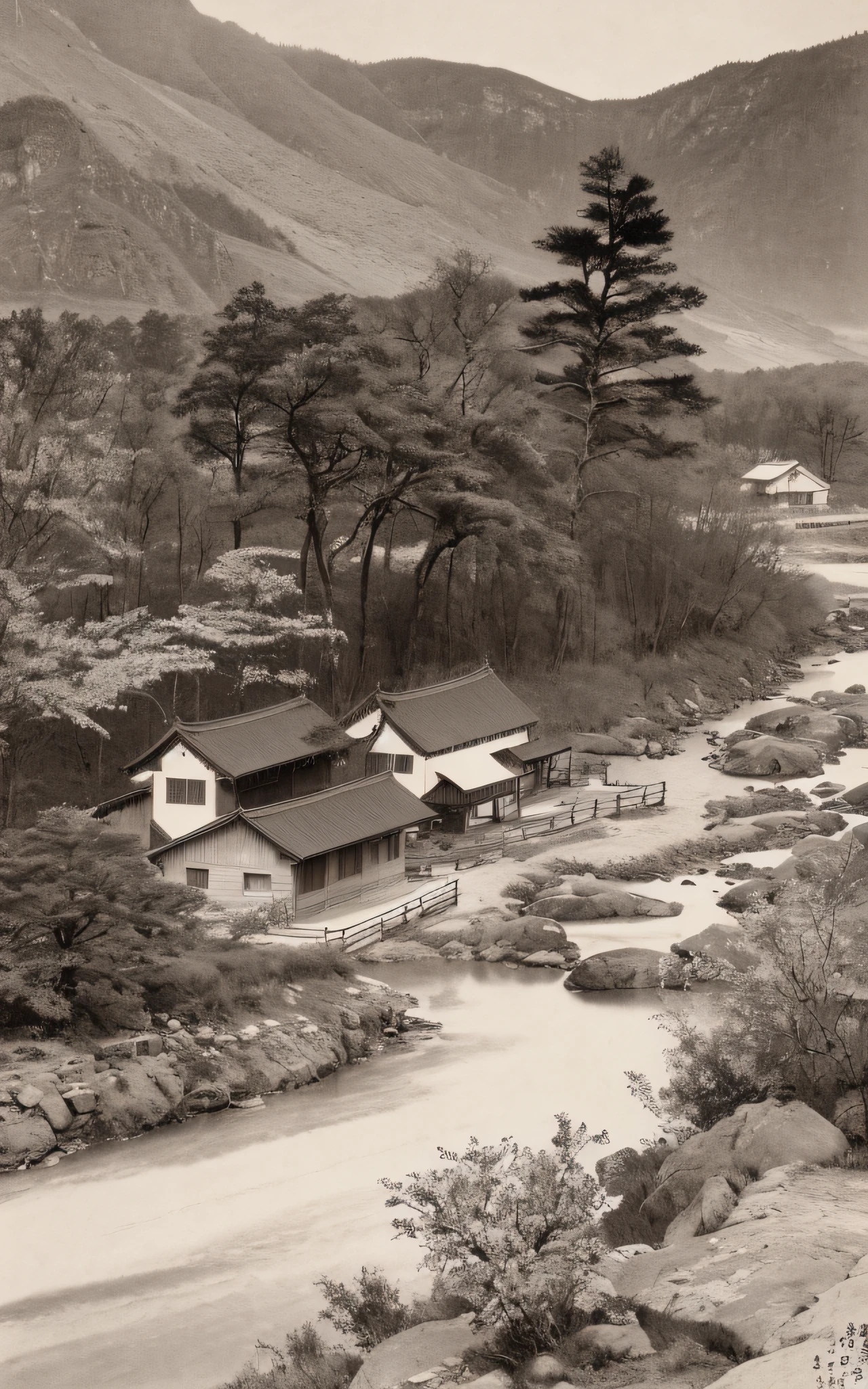 painting of a cabin in a valley with a river running through it, by Gigadō Ashiyuki, by Tōshi Yoshida, by Unkoku Togan, by Gusukuma Seihō, inspired by Katsushika Ōi, by Chizuko Yoshida, by Ryūsei Kishida