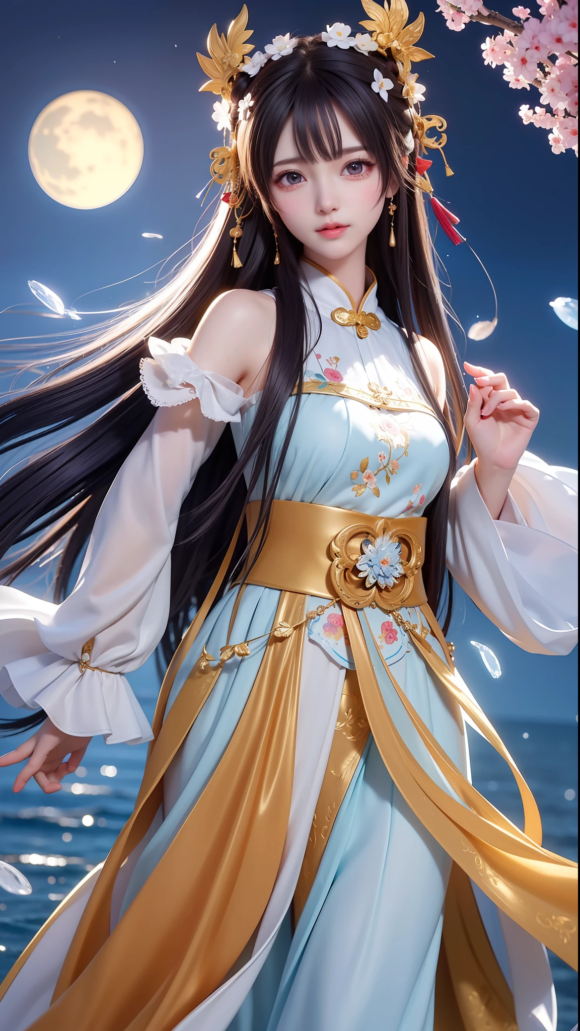 (8k, RAW photo:1.2), best quality, ultra high res,dramatic angle,(fluttered detailed color splashs), (illustration),(((1 girl))),(long hair),(rain:0.9), (头饰:1.4),少女身边有一座古宫,汉服,(重点),彩色水墨画,(泼彩),泼彩,(((colorful))),(素描:0.8) , Masterpiece, best quality, beautiful painted, highly detailed,(denoising:0.6),[splash ink],((ink refraction)), (beautiful detailed sky),moon,highly,detaild,(masterpiece, best quality, extremely detailed） CG unity 8k壁纸，杰作，最好的质量，超详细），（石蒜），五颜六色
