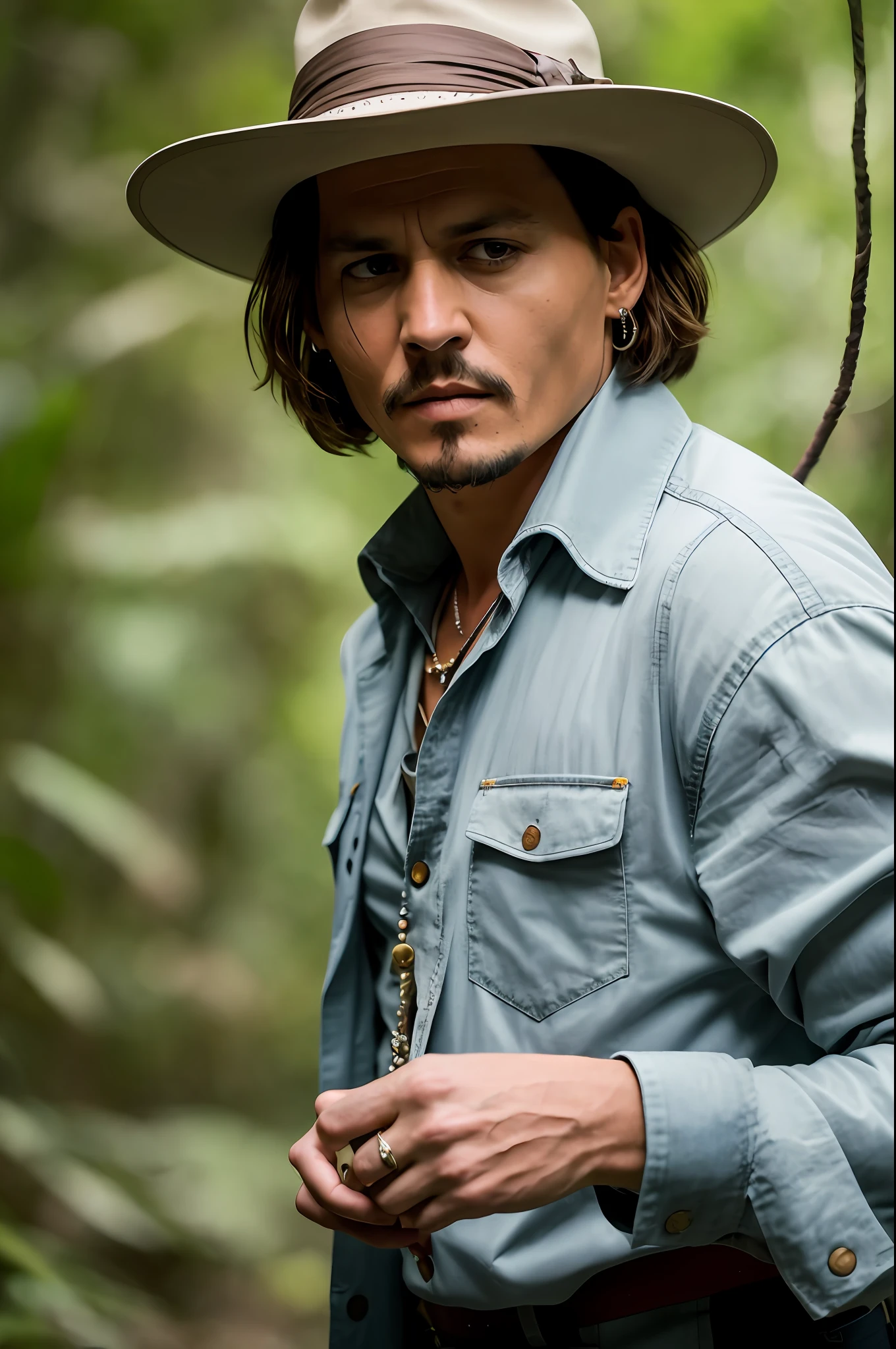 Masterpiece, Johnny Depp walks through the jungle at night in fireflies, (high detail: 1 of 1), rough face, natural skin, high quality, nsfw, beautiful eyes, (detailed face and eyes), (face : 1 2), noise, extra, real photo, PSD, light film photography, sharp focus, contrast lighting, detailed skin, high resolution 8k, crazy detail, realistic, professional photography, 8k UHD, slr camera, soft light , high quality, film grain, Fujifilm XT3